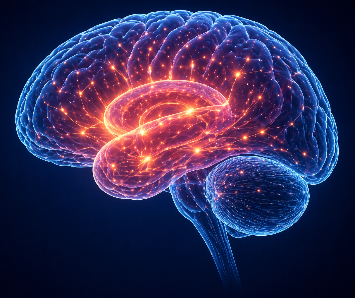 Close-up illustration of a human brain with glowing neural pathways and bright connections, highlighting active signaling regions against a dark background.