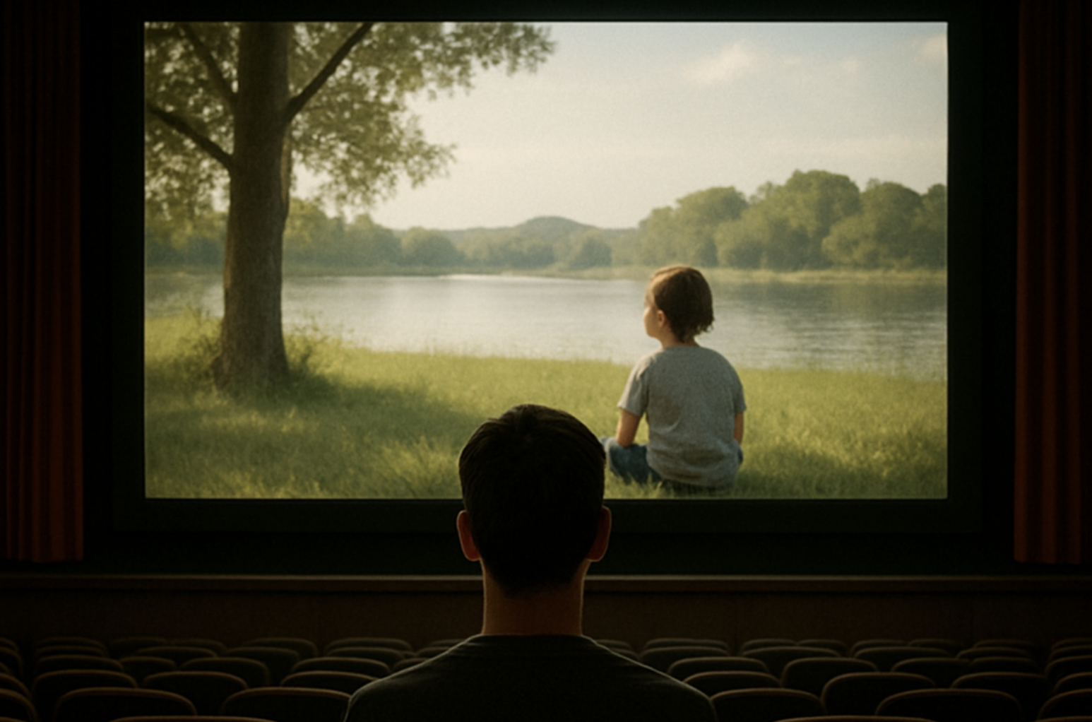 A person sitting calmly while looking at a cinema screen showing a peaceful memory, representing the 'Mirror/Camera' analogy.