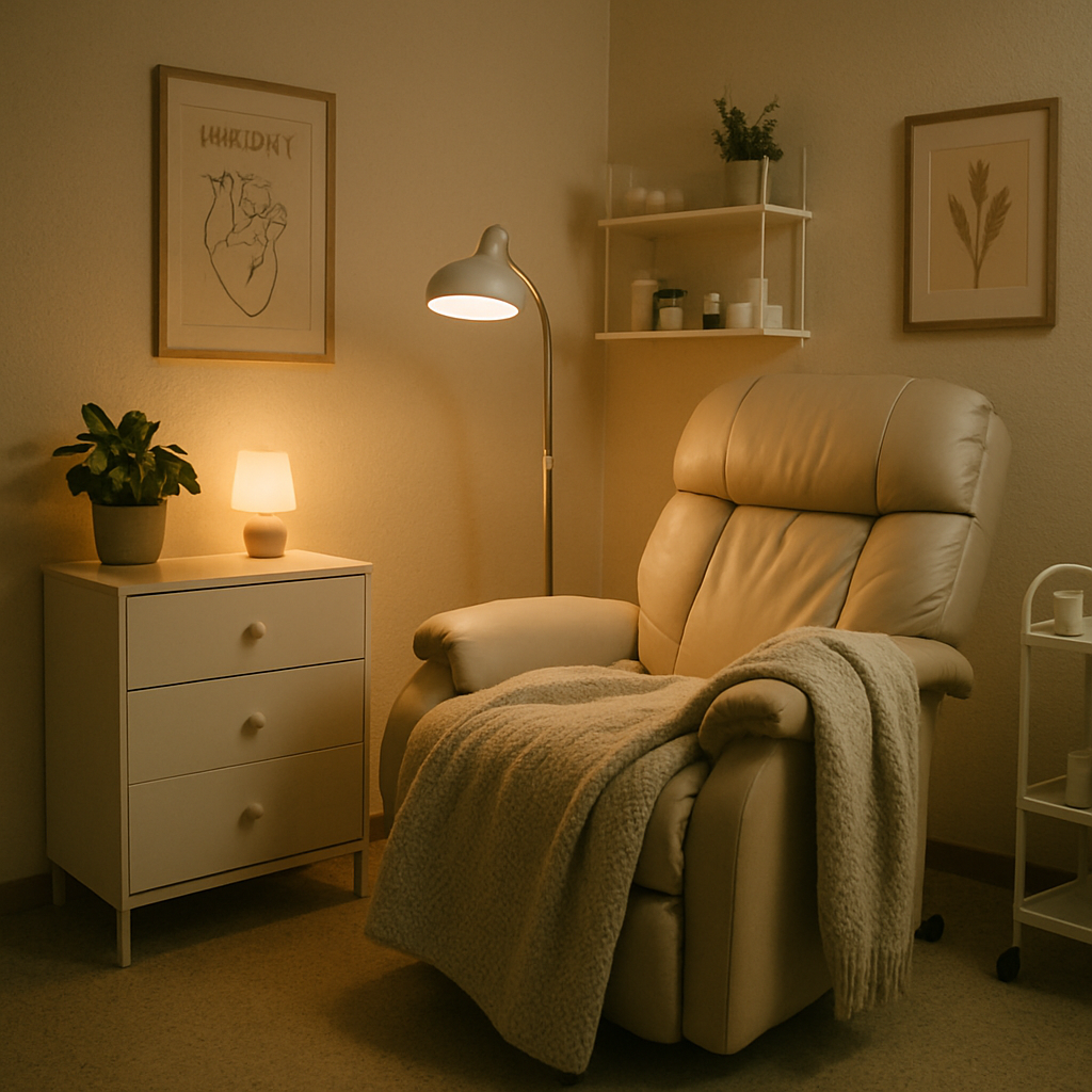 A cozy, dimly lit clinical room with a reclining chair and a soft blanket, showing a safe environment.