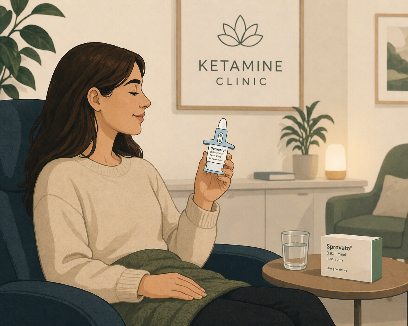 Illustration of a woman sitting comfortably in a calm, modern ketamine clinic setting, holding a Spravato, esketamine nasal spray device, with soft lighting and a relaxed, therapeutic environment around her.
