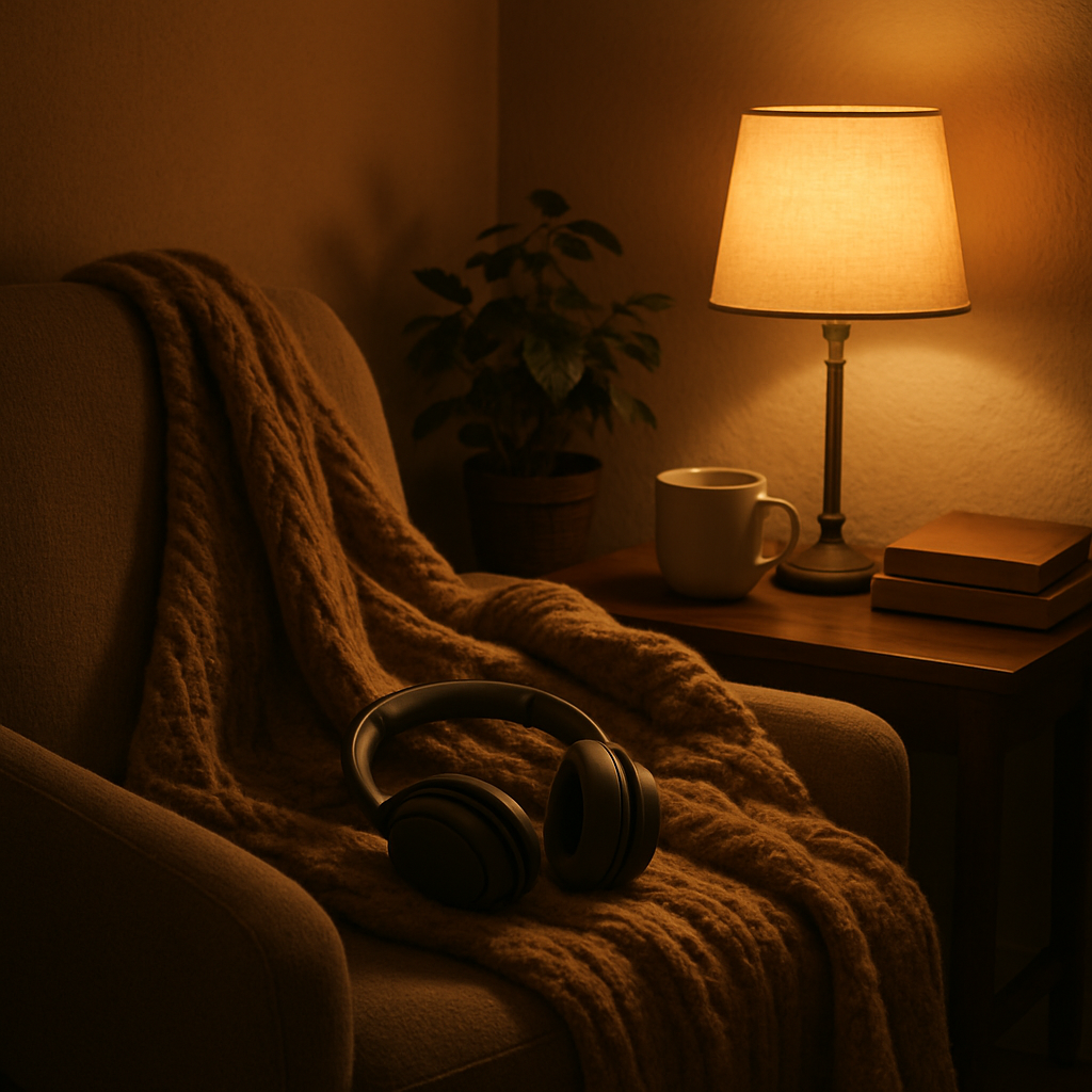 Cozy clinic setup: chair, blanket, and headphones to support comfort during treatment.