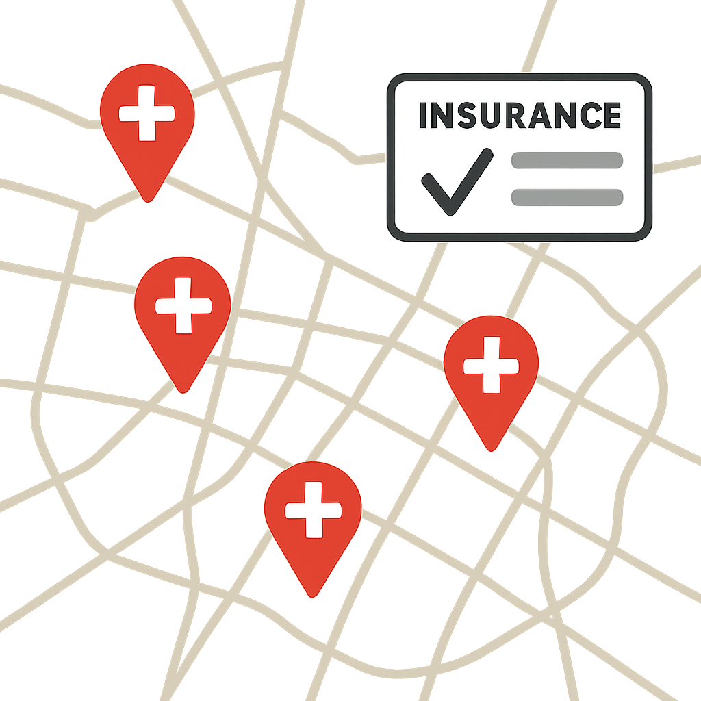 Map-style visual showing clinic locations and an insurance card icon to represent access and coverage.