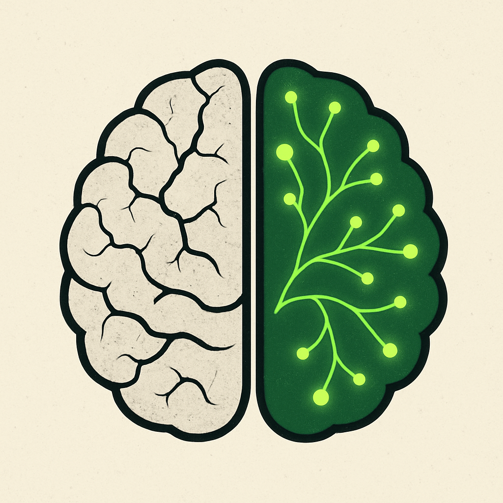 Concept illustration of brain pathways shifting from worn, dull connections to brighter, growing connections.