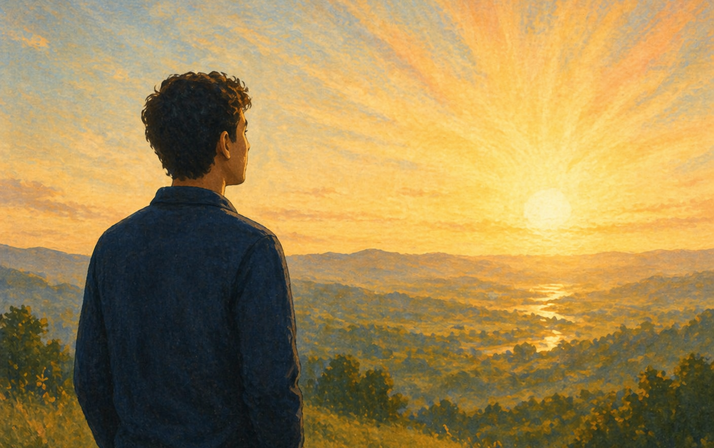 Illustration of a person standing on a hill looking out over a landscape at sunrise, with warm light spreading across the horizon, symbolizing hope and a new beginning.