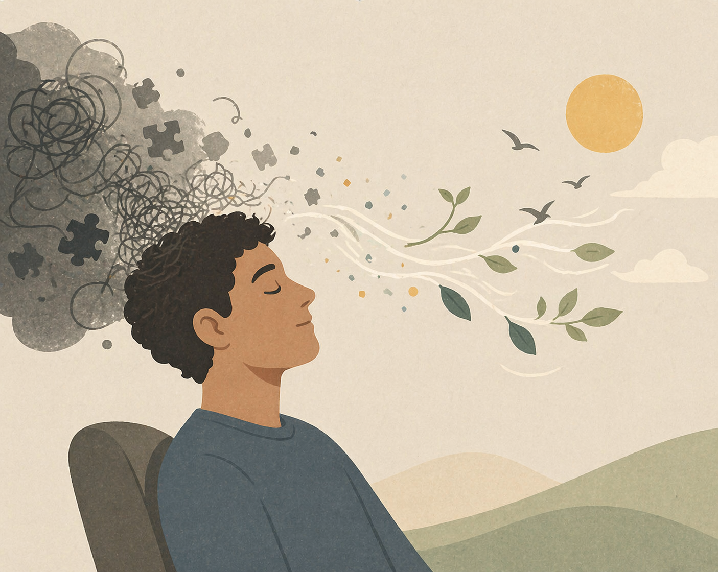 Illustration of a person sitting calmly in a chair as dark, tangled shapes behind their head transition into soft, flowing lines and light, symbolizing the release of mental heaviness and a shift toward clarity and calm.