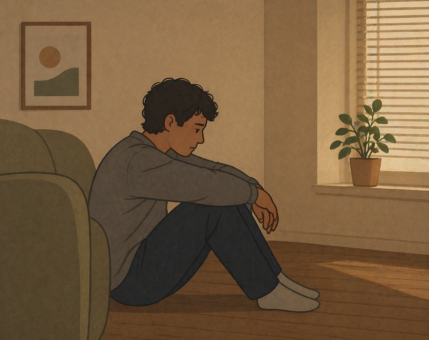 Illustration of a depressed young man sitting on the floor beside a couch in a softly lit room, hunched forward with a downcast expression, as warm light filters through a window, conveying a quiet, introspective and slightly heavy emotional state.
