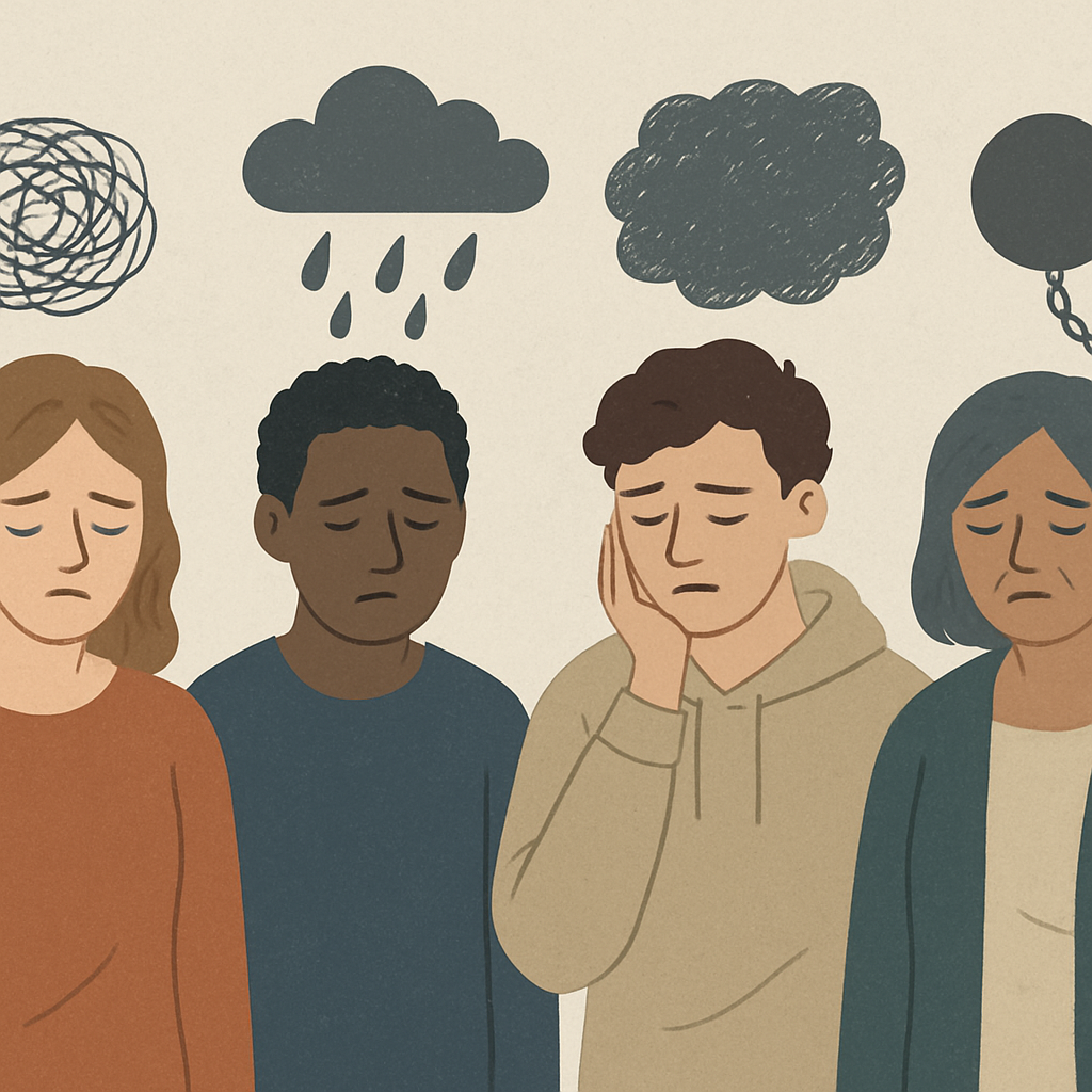 Illustration of four people with downcast expressions standing beneath dark clouds and abstract shapes, representing shared experiences of emotional heaviness and depression.