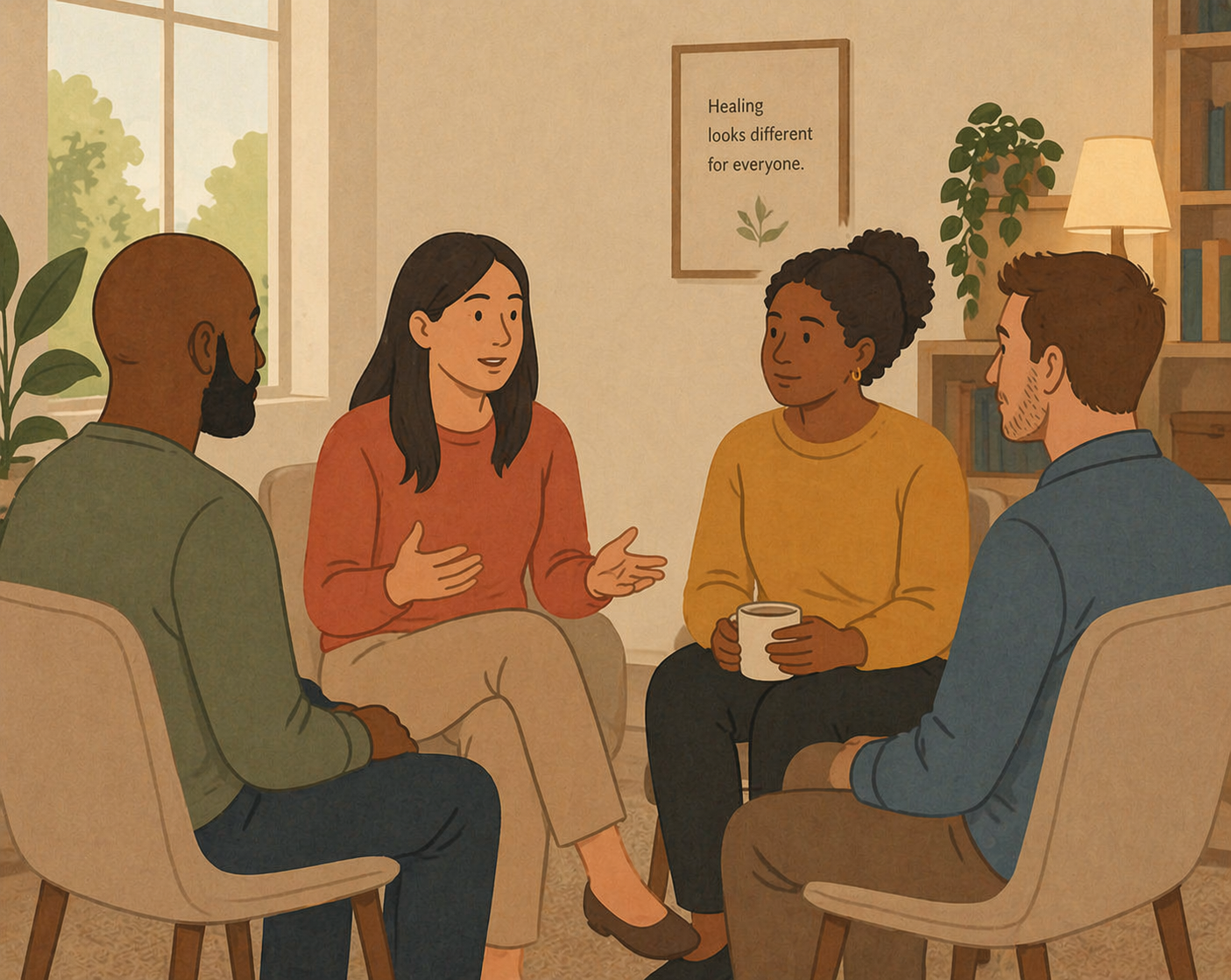 Illustration of four people sitting together in a calm, warmly lit room, engaged in conversation, representing support, connection, and healing.