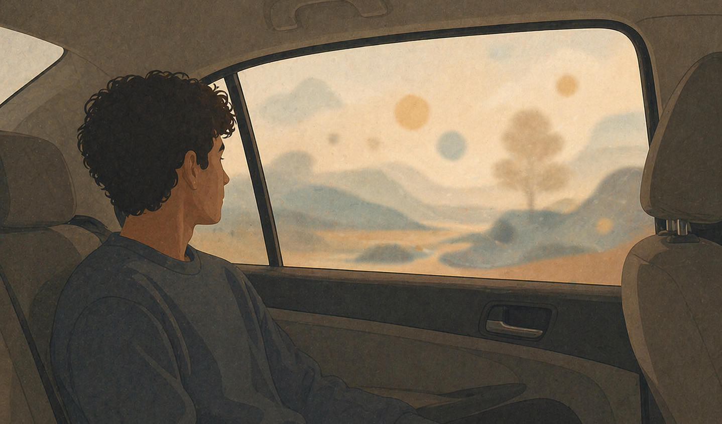 Illustration of a person sitting in the backseat of a car, gazing out at a softly blurred, dreamlike landscape, symbolizing the dissociative experience of ketamine, where one feels like an observer watching life unfold rather than being in control.
