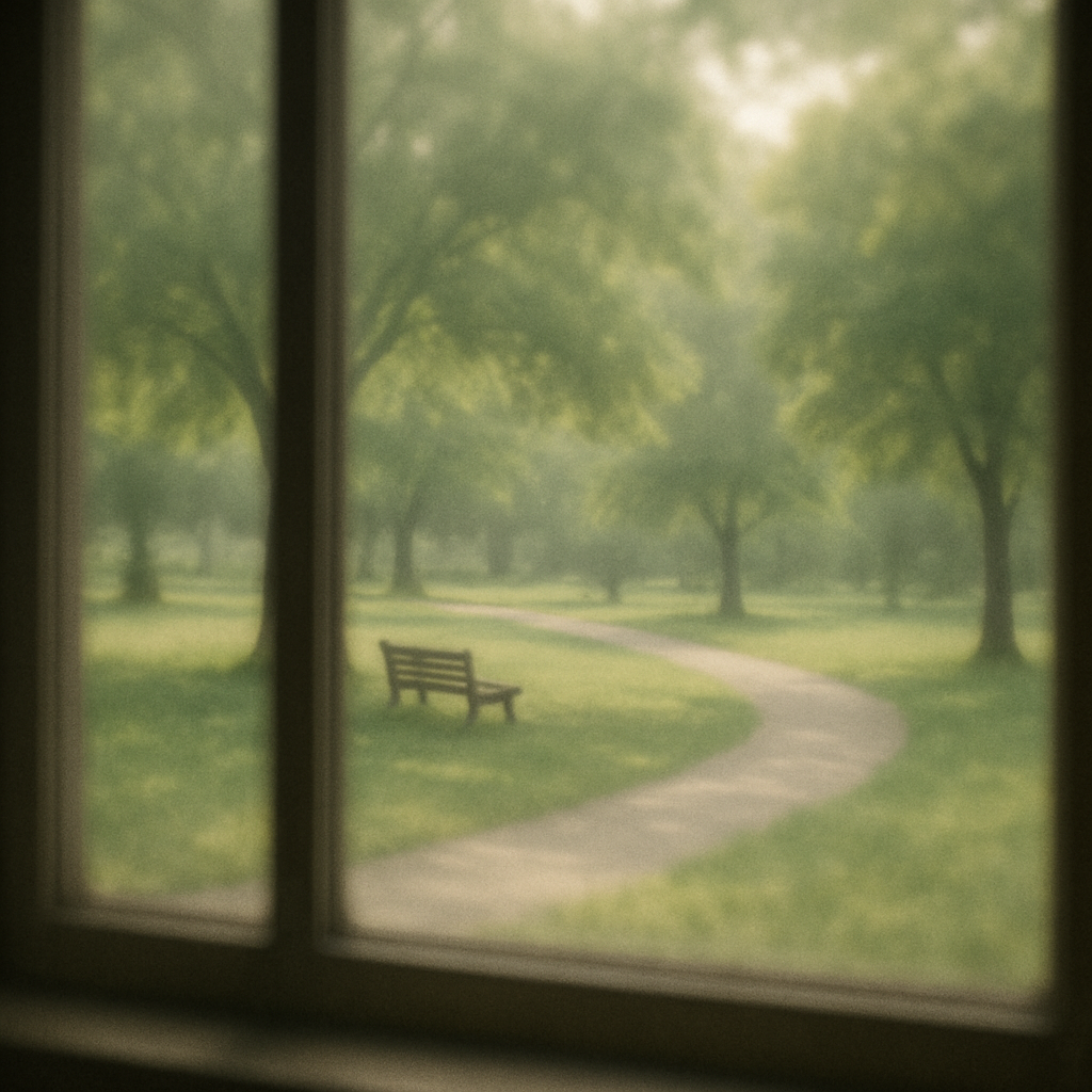 A peaceful, slightly blurred view of a park through a window, conveying a sense of gentle detachment.