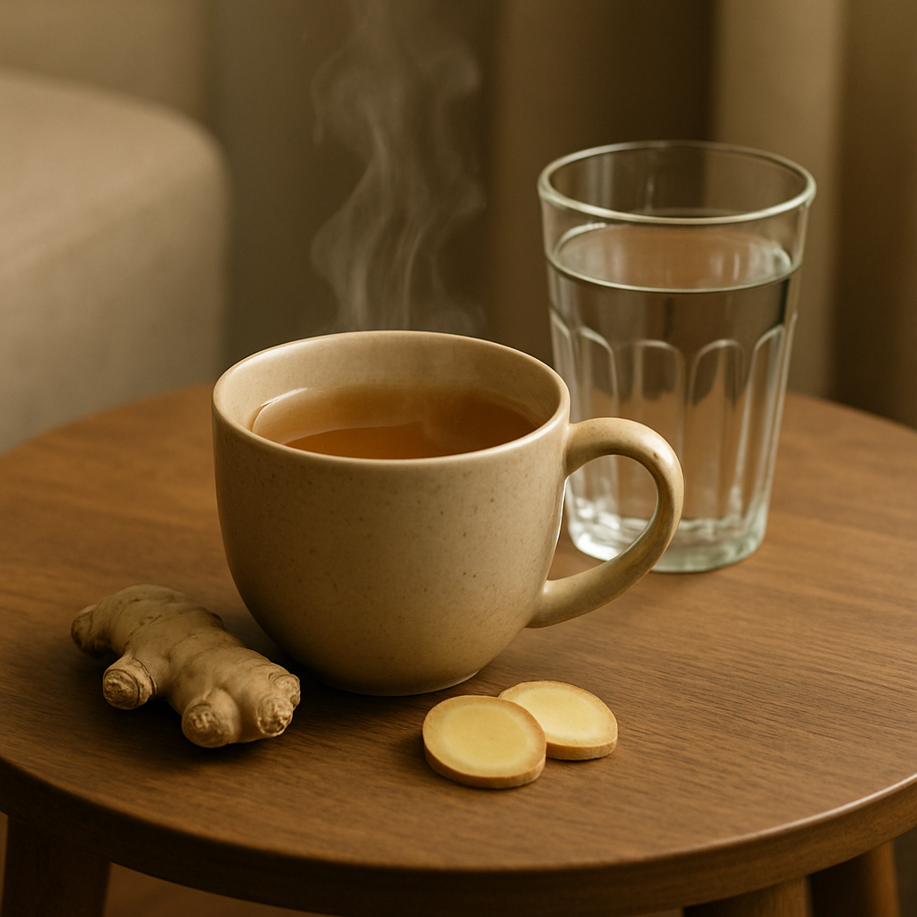 A steaming cup of ginger tea next to a glass of water on a small table.