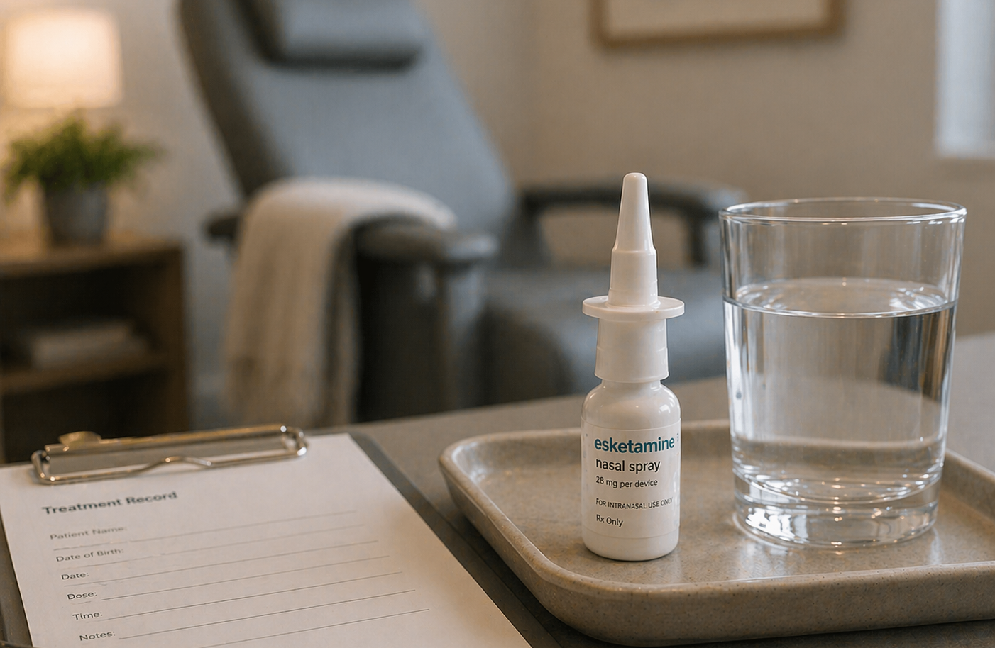 Illustration of an esketamine nasal spray bottle resting on a tray beside a glass of water and a simple medical clipboard, with a softly blurred reclining chair in the background, creating a calm and grounded clinical setting.