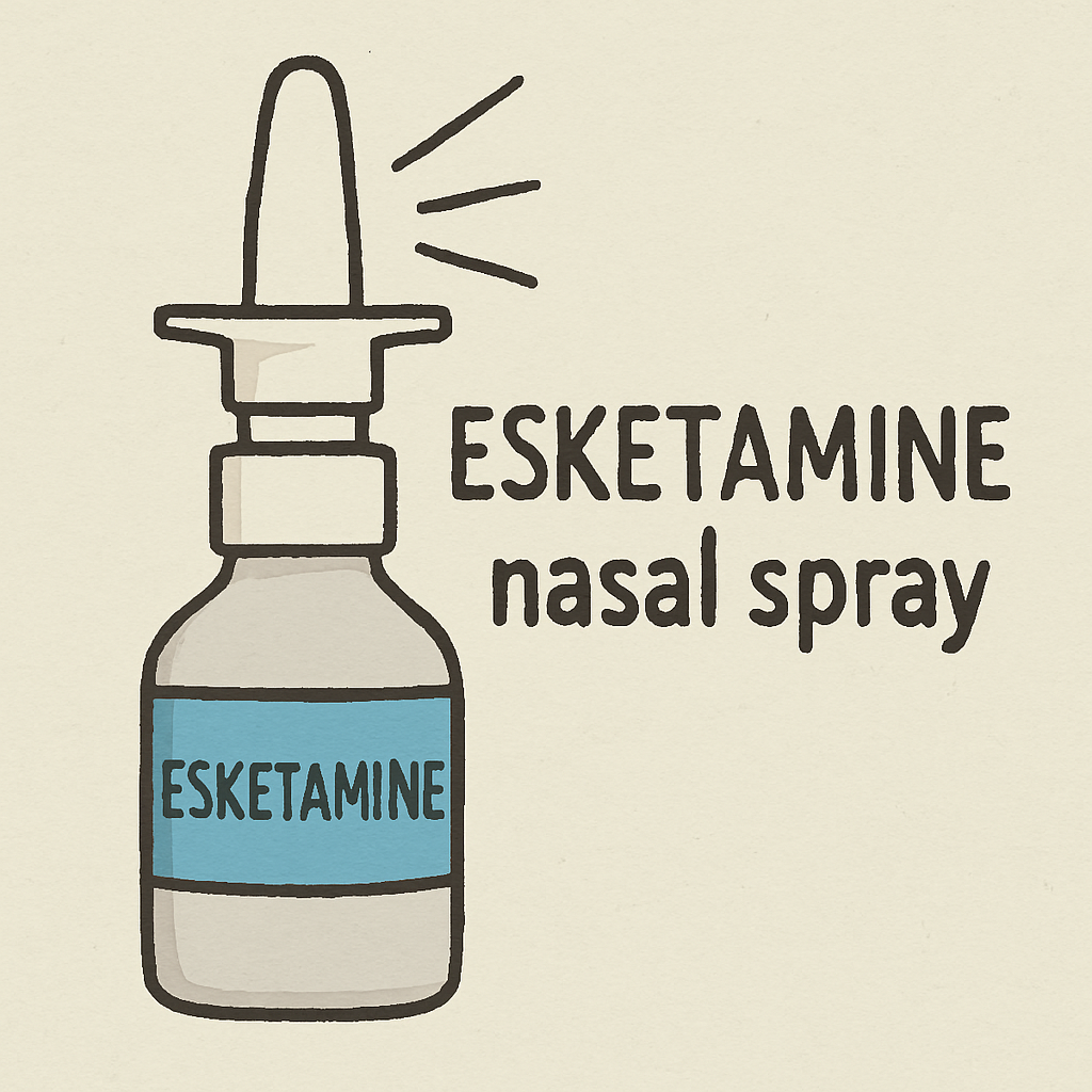 An illustration of esketamine in nasal spray form, indicating its unique delivery method