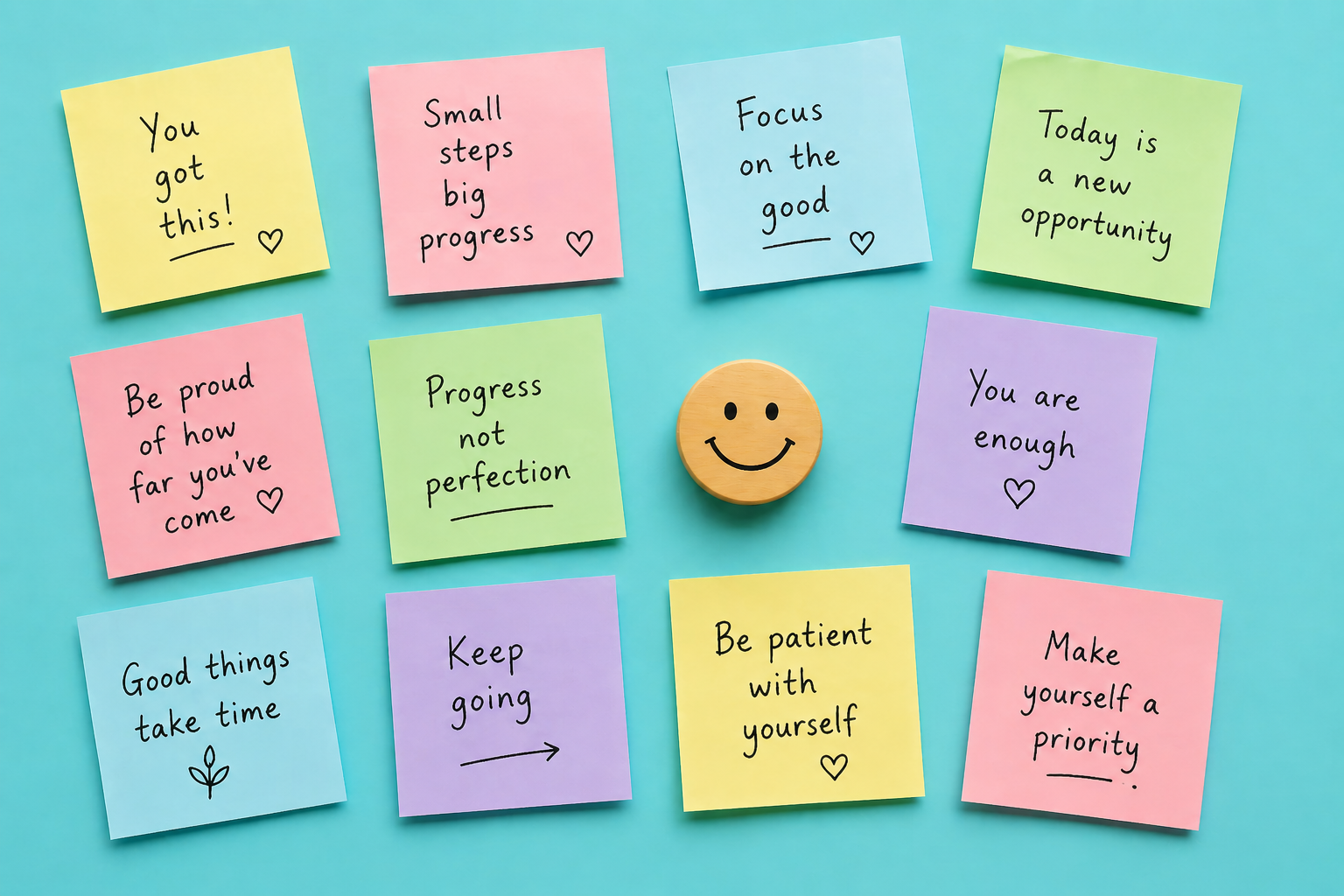 Flat lay of colorful sticky notes with handwritten motivational messages surrounding a small smiley face token on a teal background.