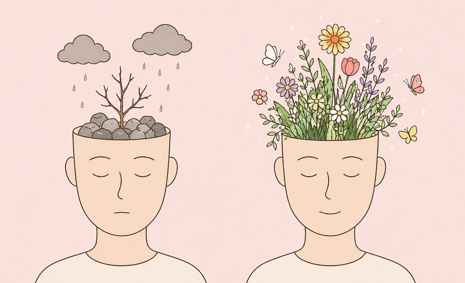 Two forward-facing illustrated heads side by side; one contains rocks and a small bare tree under rain clouds, while the other is filled with blooming flowers and butterflies, representing a shift from a struggling to a flourishing mindset.
