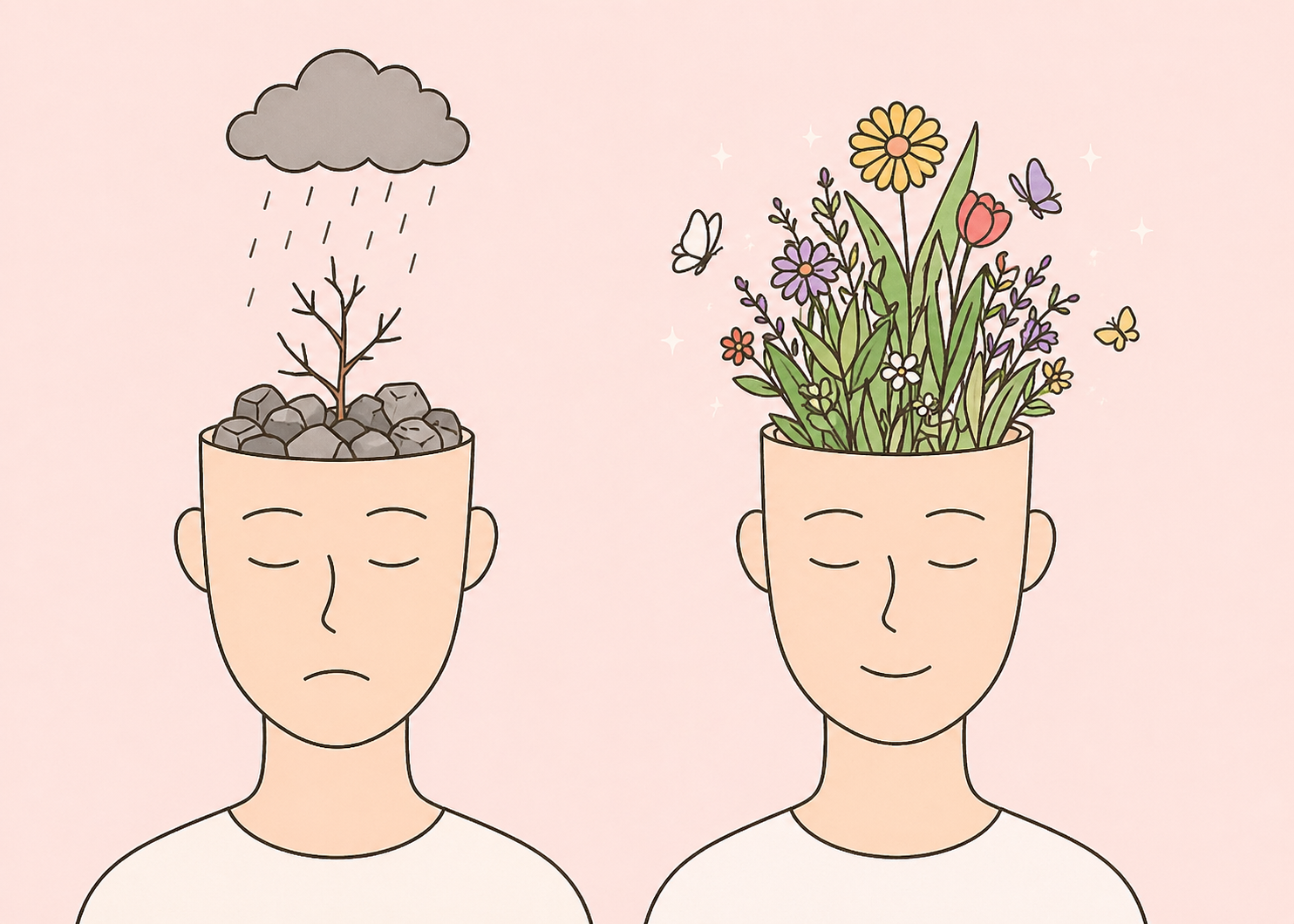 Two forward-facing illustrated heads side by side; one contains rocks and a small bare tree under rain clouds, while the other is filled with blooming flowers and butterflies, representing a shift from a struggling to a flourishing mindset.