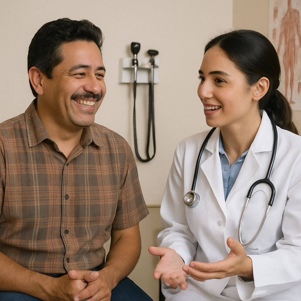 A doctor with a stethoscope smiles and talks with a patient during a friendly, Spravato consultation in a clinical exam room.