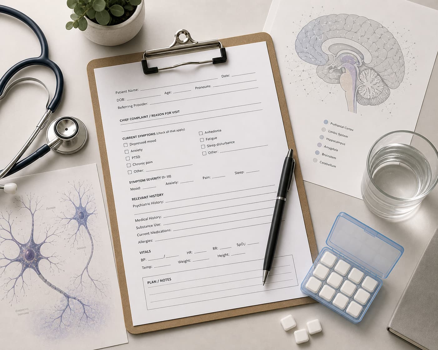 Clean flat-lay of a clinical workspace with a clipboard holding a patient intake form, a stethoscope, a neural diagram printout, a glass of water, a pen, and a case of lozenges, representing medical and mental health treatment.