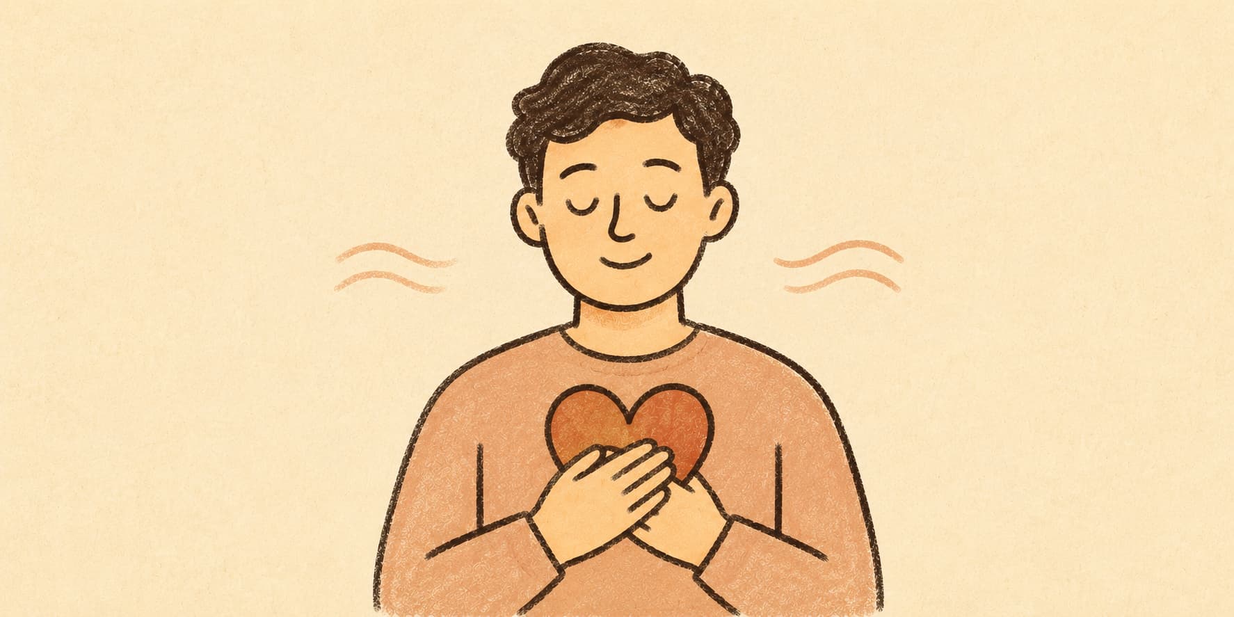 Minimal hand-drawn illustration of a calm man with closed eyes holding a heart near his chest, with soft breathing lines and a warm cream textured background, symbolizing self-care, emotional wellness, and inner calm.