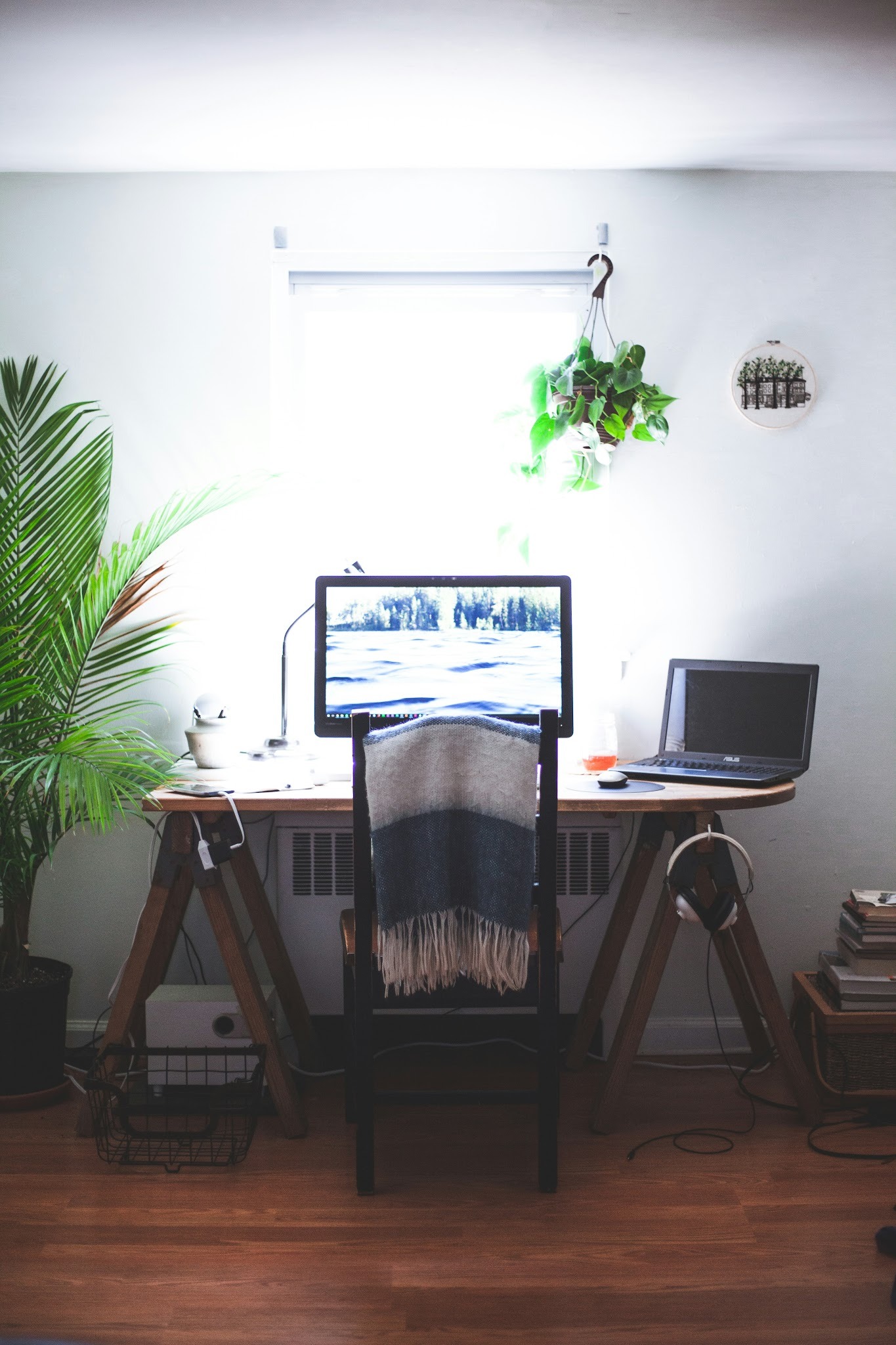A serene home office setup by a window with plants and soft lighting