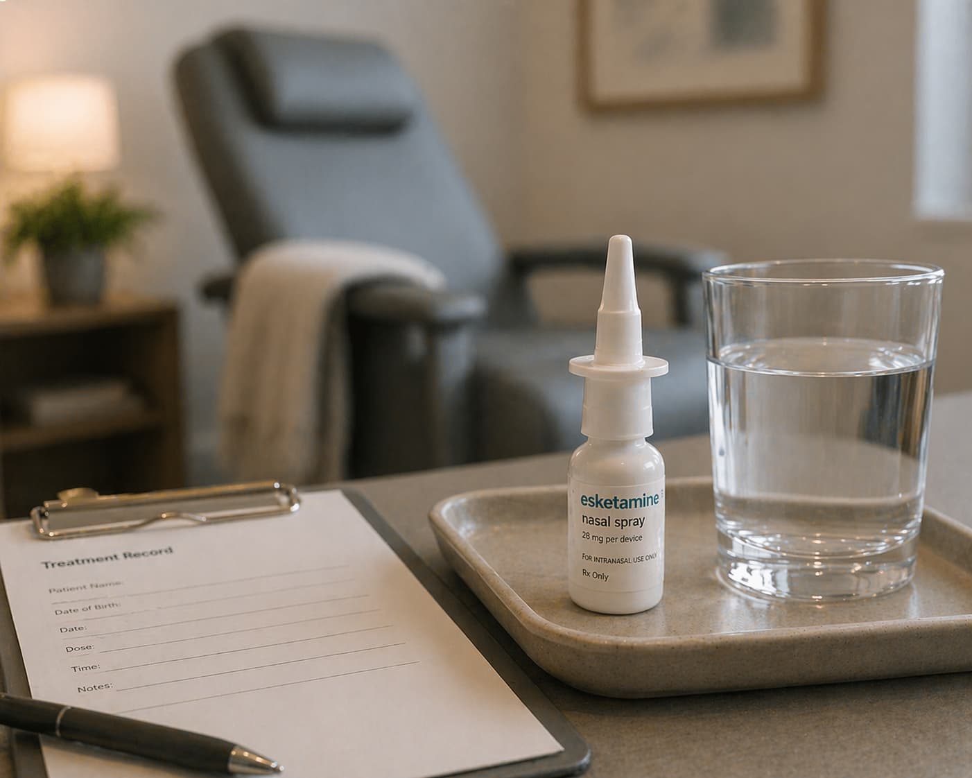 Illustration of an esketamine nasal spray bottle resting on a tray beside a glass of water and a simple medical clipboard, with a softly blurred reclining chair in the background, creating a calm and grounded clinical setting.