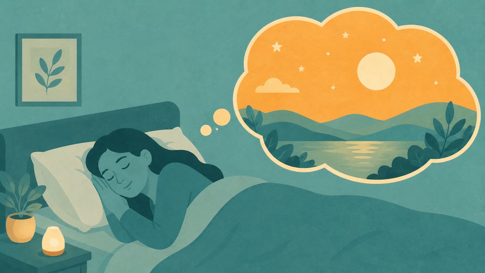 Person sleeping comfortably in bed with a peaceful dream bubble showing a serene landscape of hills, water, moonlight, and stars, representing the altered state from dreaming 