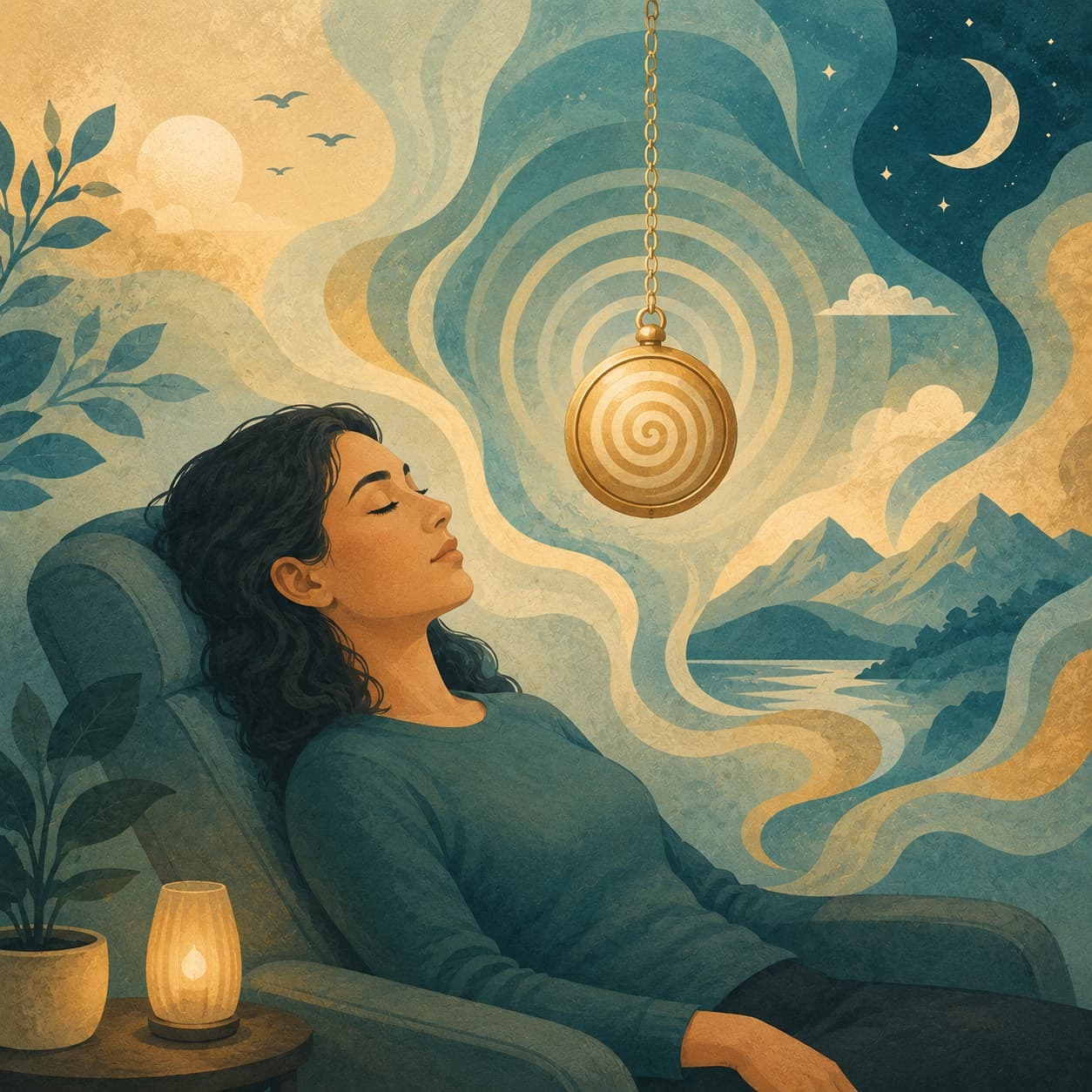 Person reclining peacefully in a chair while a pendulum hangs nearby, surrounded by soft swirling patterns and tranquil nature imagery, representing hypnosis