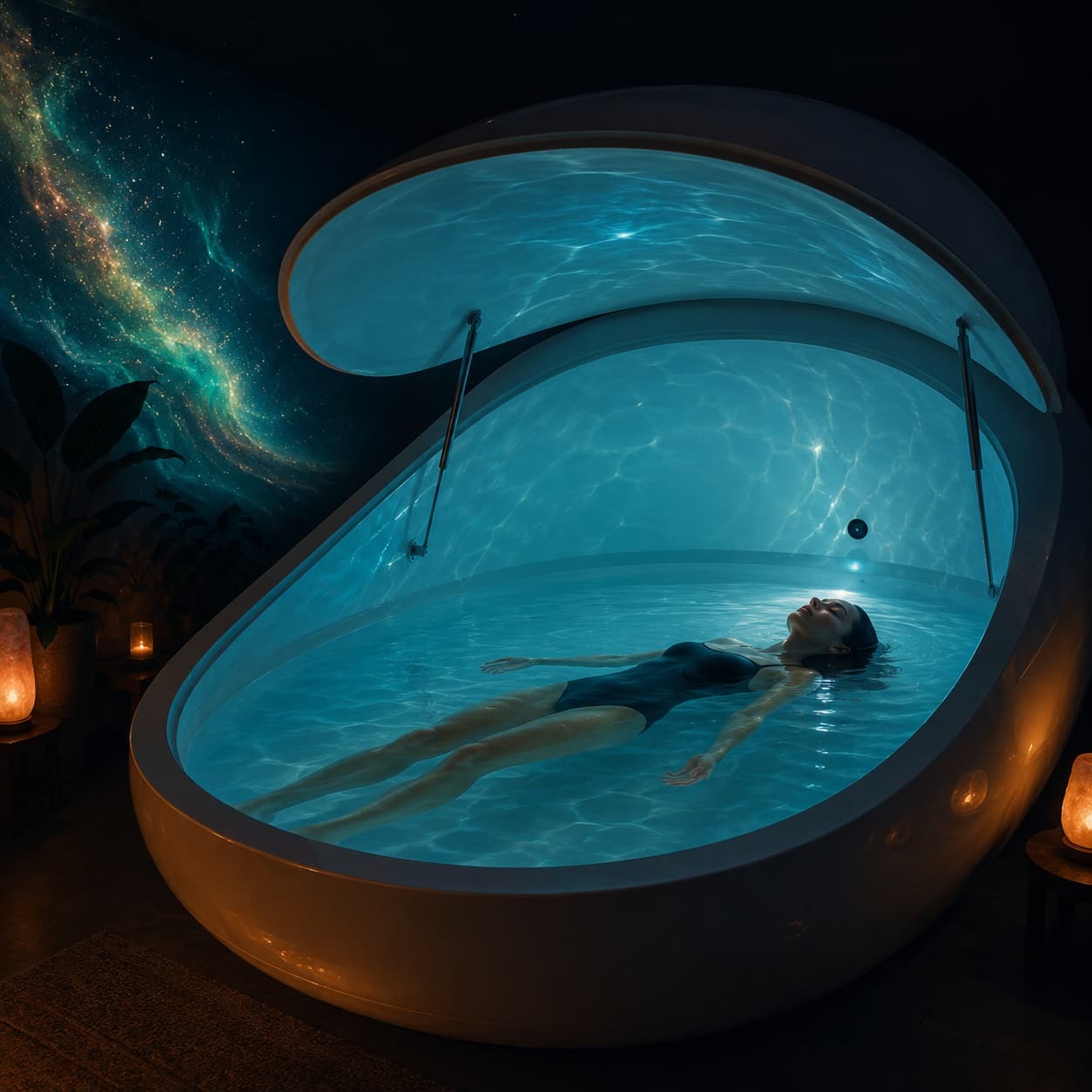 Person floating peacefully in a sensory deprivation float tank filled with softly illuminated water, surrounded by warm ambient lighting and subtle cosmic imagery, representing deep relaxation, sensory deprivation, meditation, and altered states of consciousness.