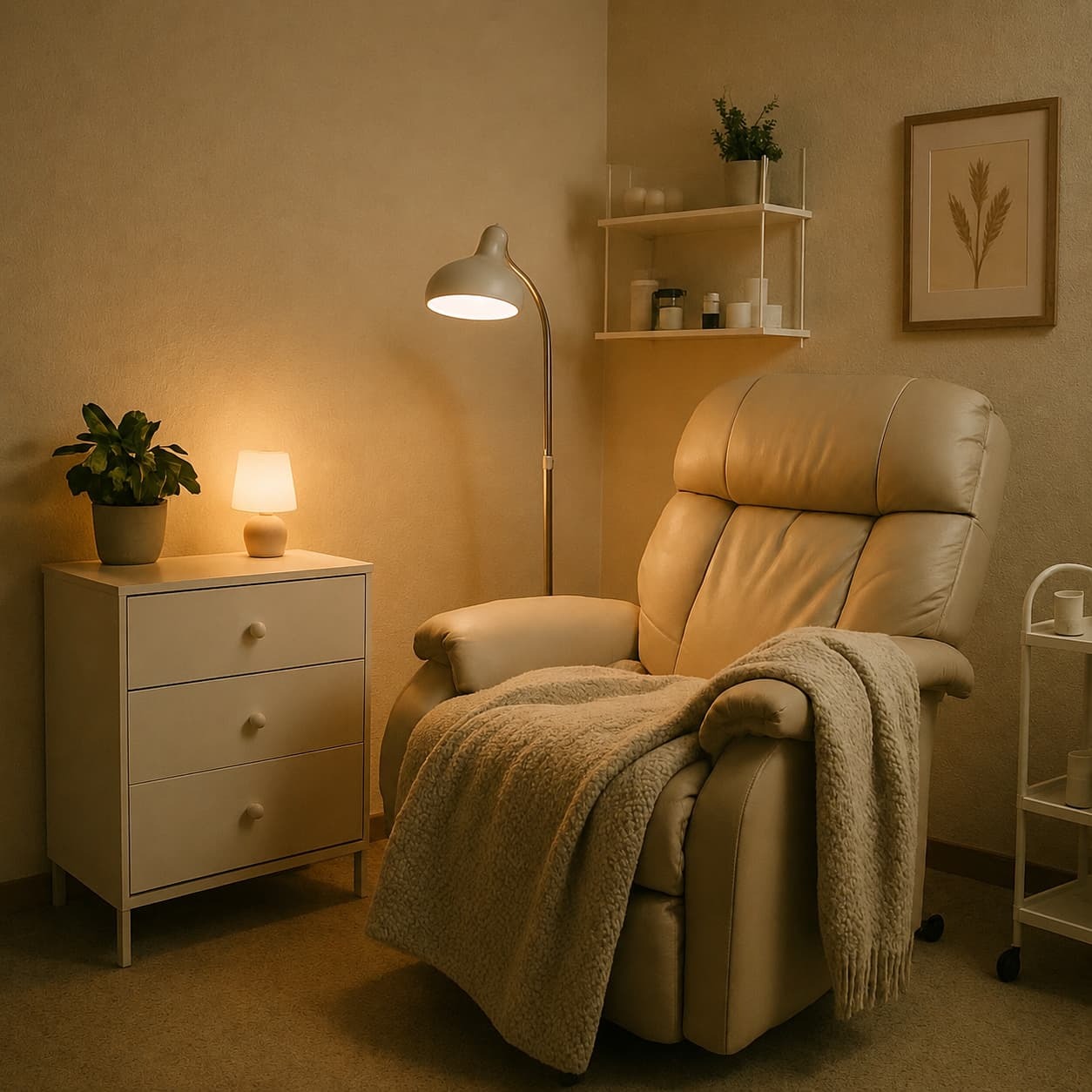 A cozy, dimly lit clinical room with a reclining chair and a soft blanket, showing a safe environment.