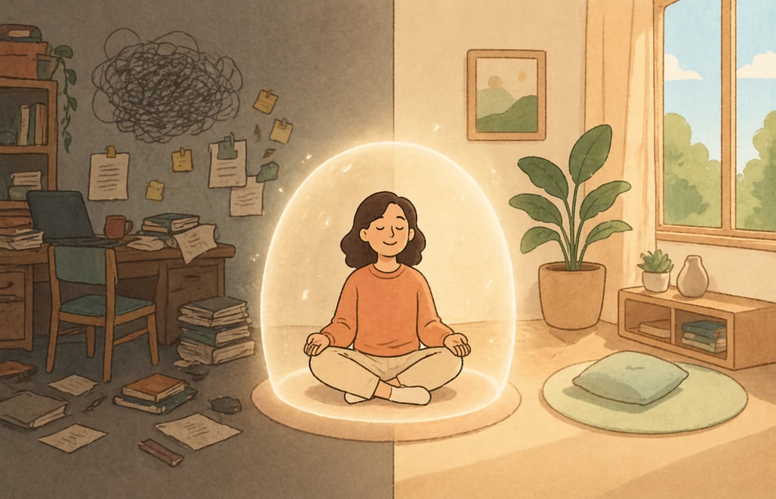 Illustration of a woman meditating in a glowing bubble that separates a cluttered, anxious room from a calm, sunlit one, representing how mindset and environment shape a ketamine session, supported by Limitless.