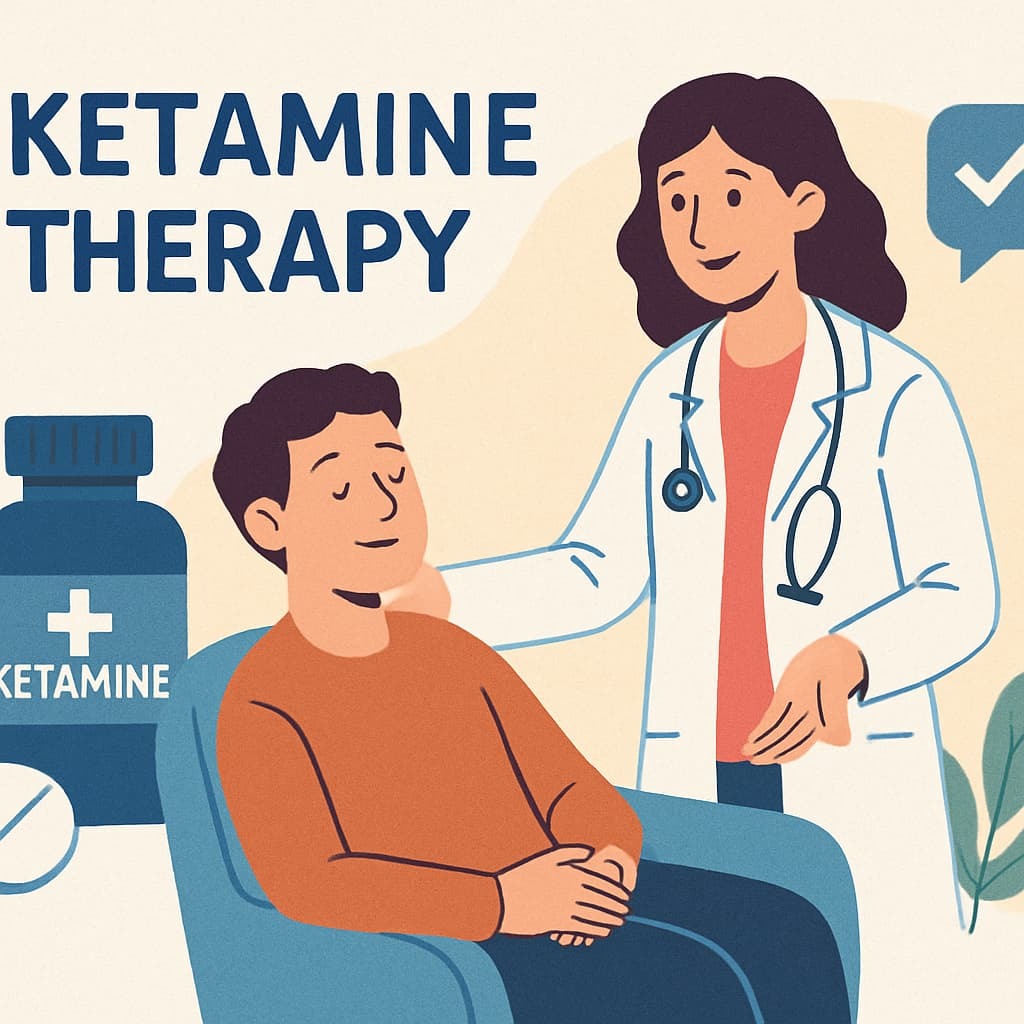 Illustration of a clinician speaking with a relaxed patient receiving ketamine therapy, with medical elements like a ketamine bottle and checkmark icon in the background.