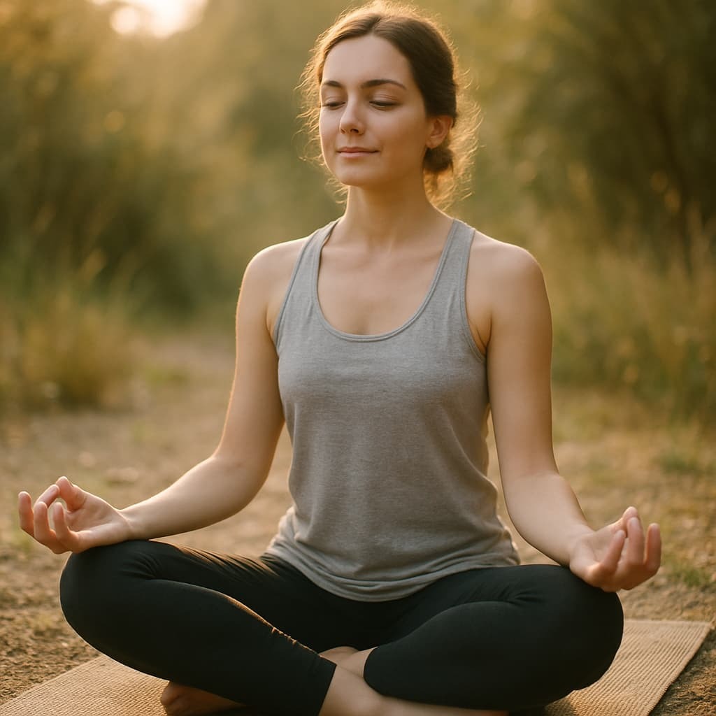 A person practicing progressive muscle relaxation outdoors listening to Limitless Guided Visualizations