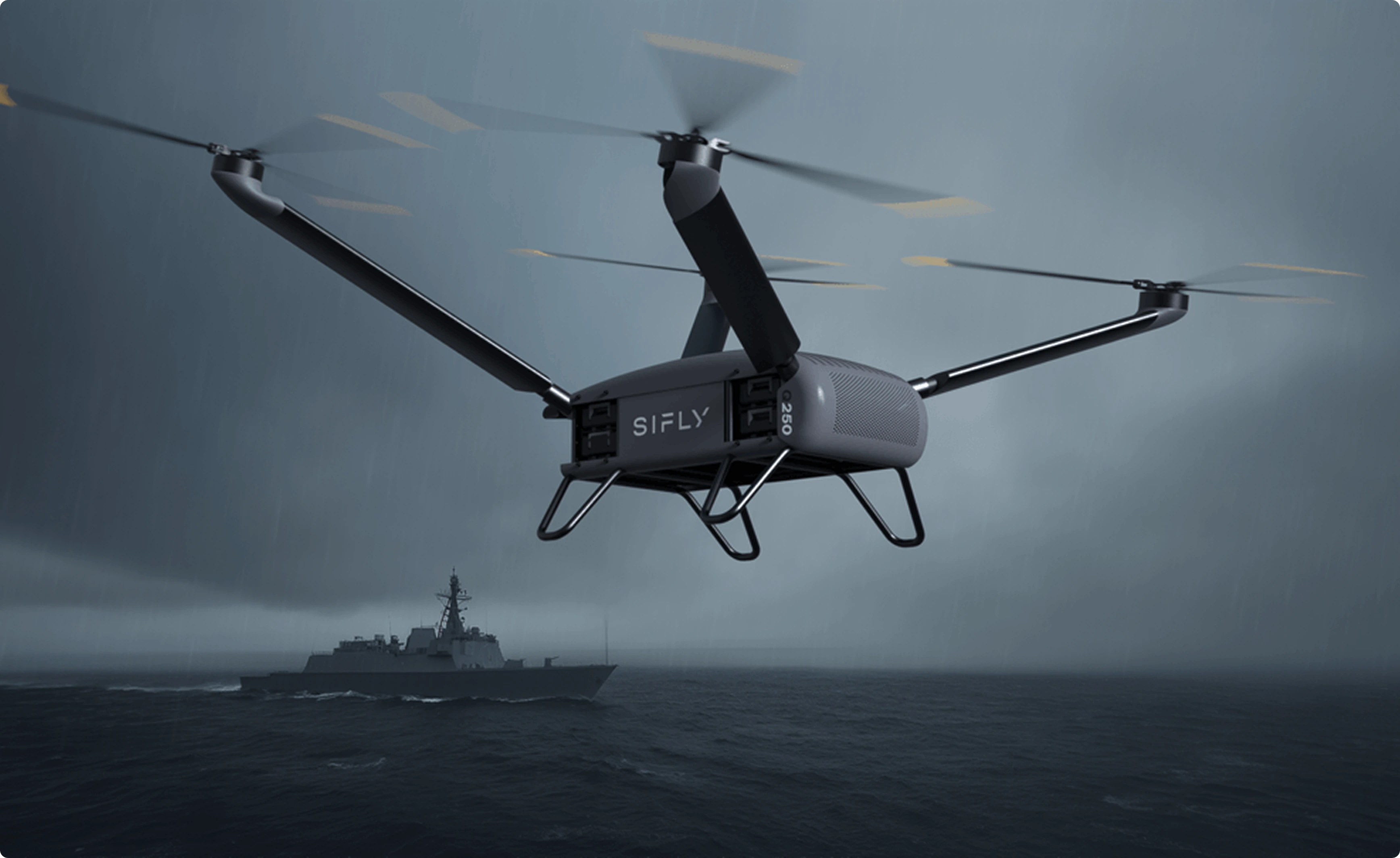 A SIFLY Q250 drone flying over a dark, stormy ocean with a military ship in the background.