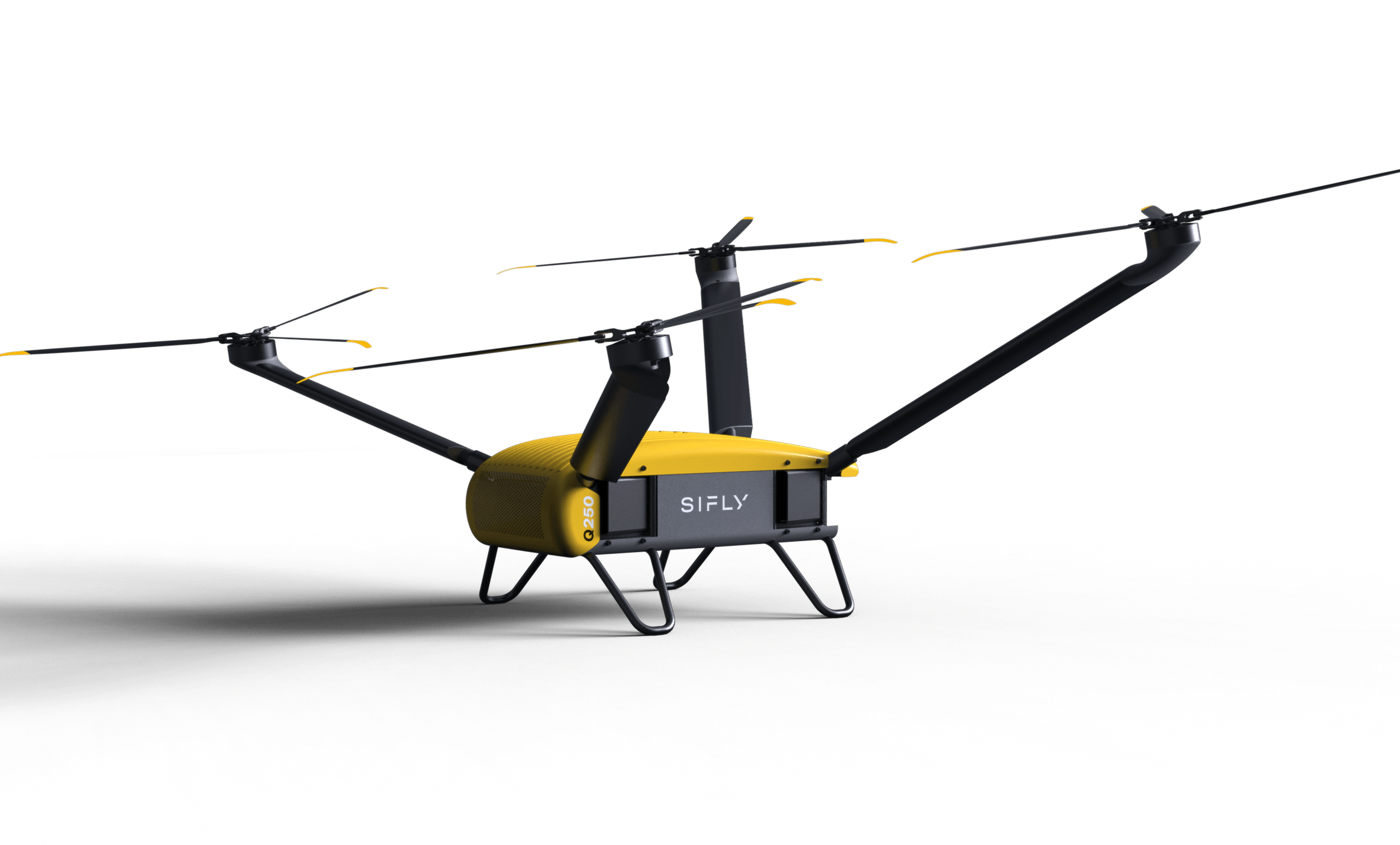 Yellow and black SIFLY Q250 drone with four rotors and extended landing legs on a black background.