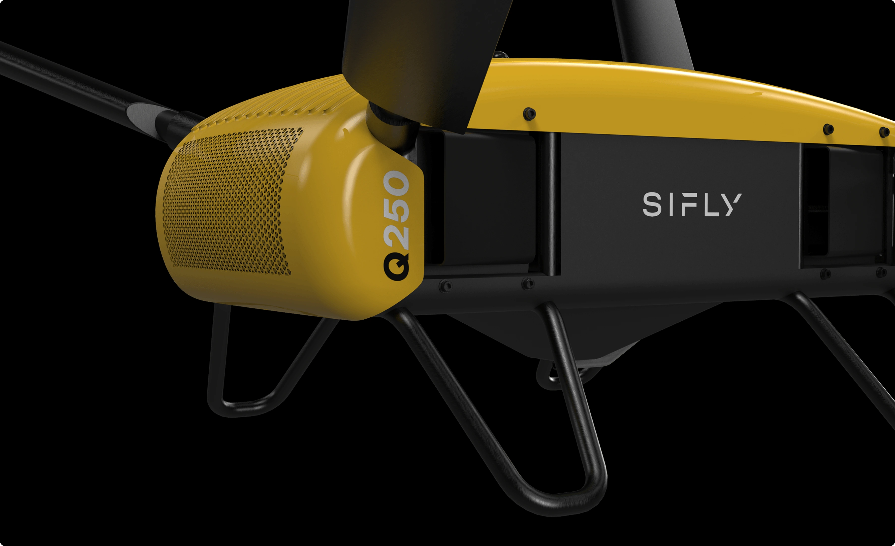 Close-up of the yellow and black SIFLY Q250 drone showing the propeller, motor housing, and landing gear.