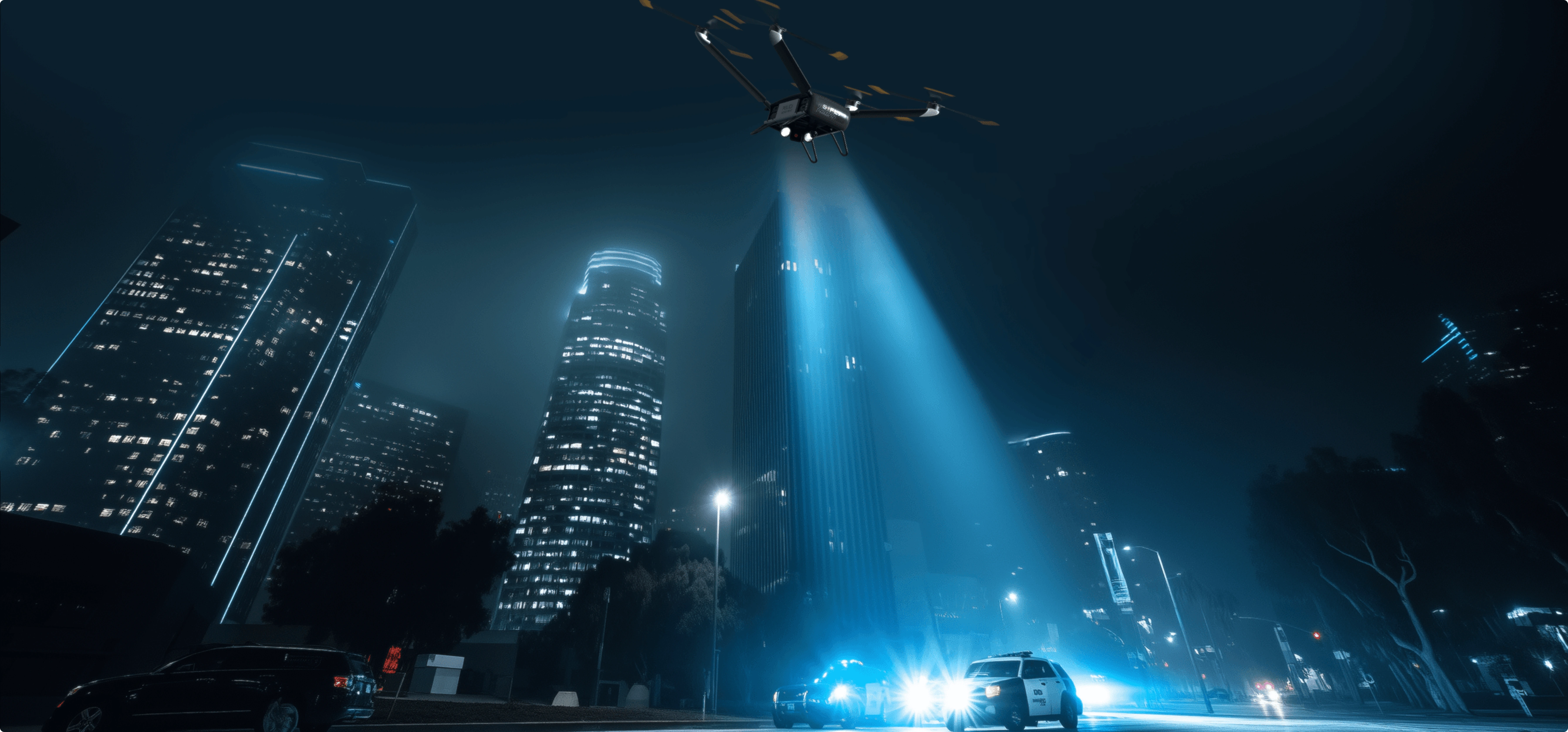 Drone hovering over city street at night shining bright blue searchlights onto police cars below among tall lit skyscrapers.