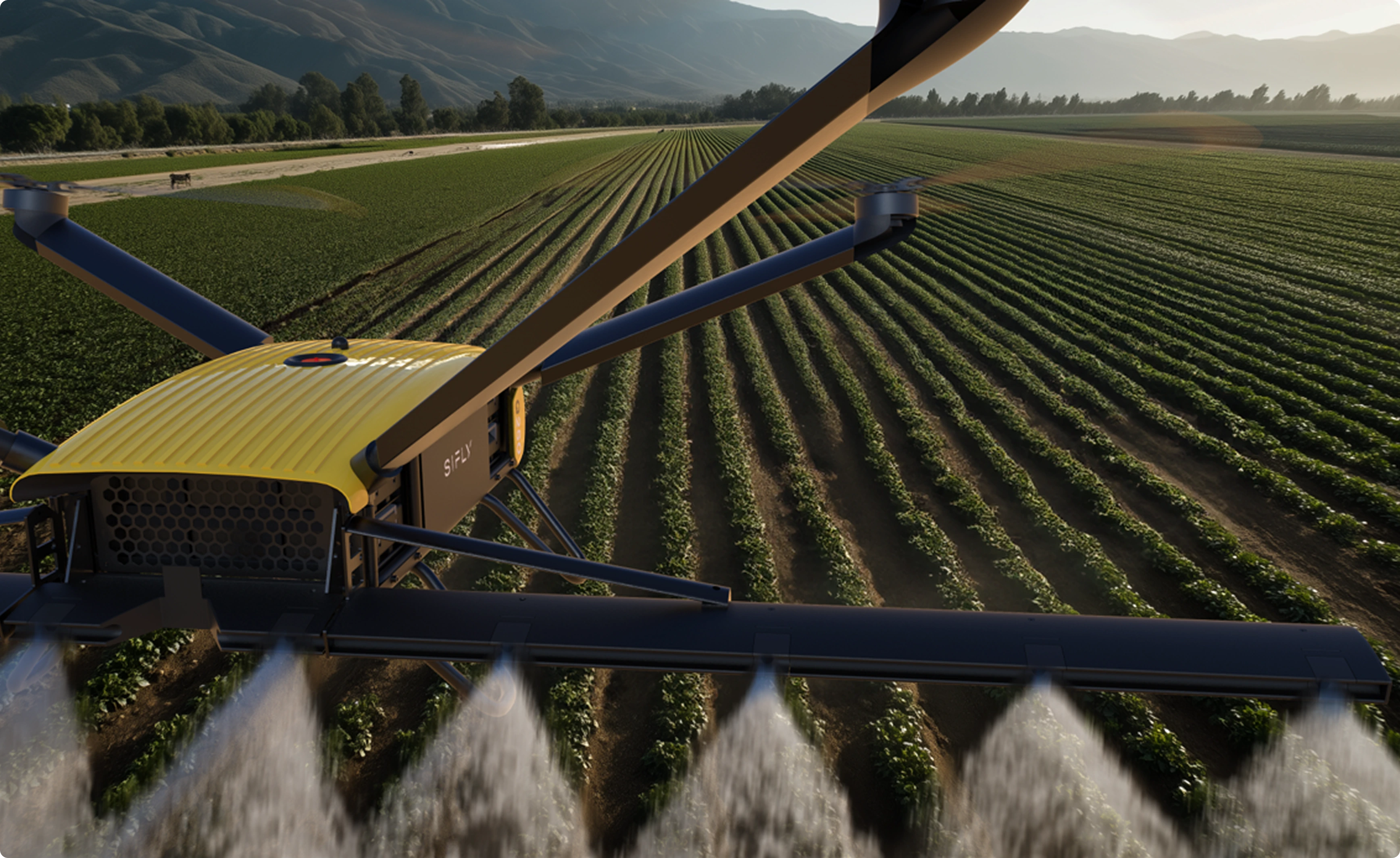 Agricultural drone spraying crops over a green field with rows of plants and mountains in the background.