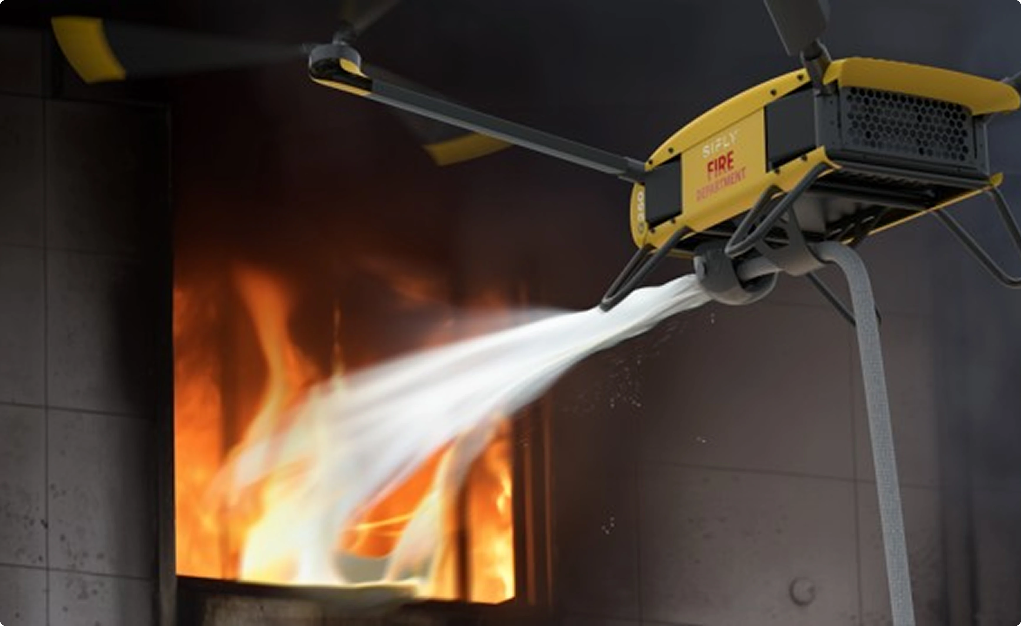 Yellow firefighting drone spraying water to extinguish flames inside a building.
