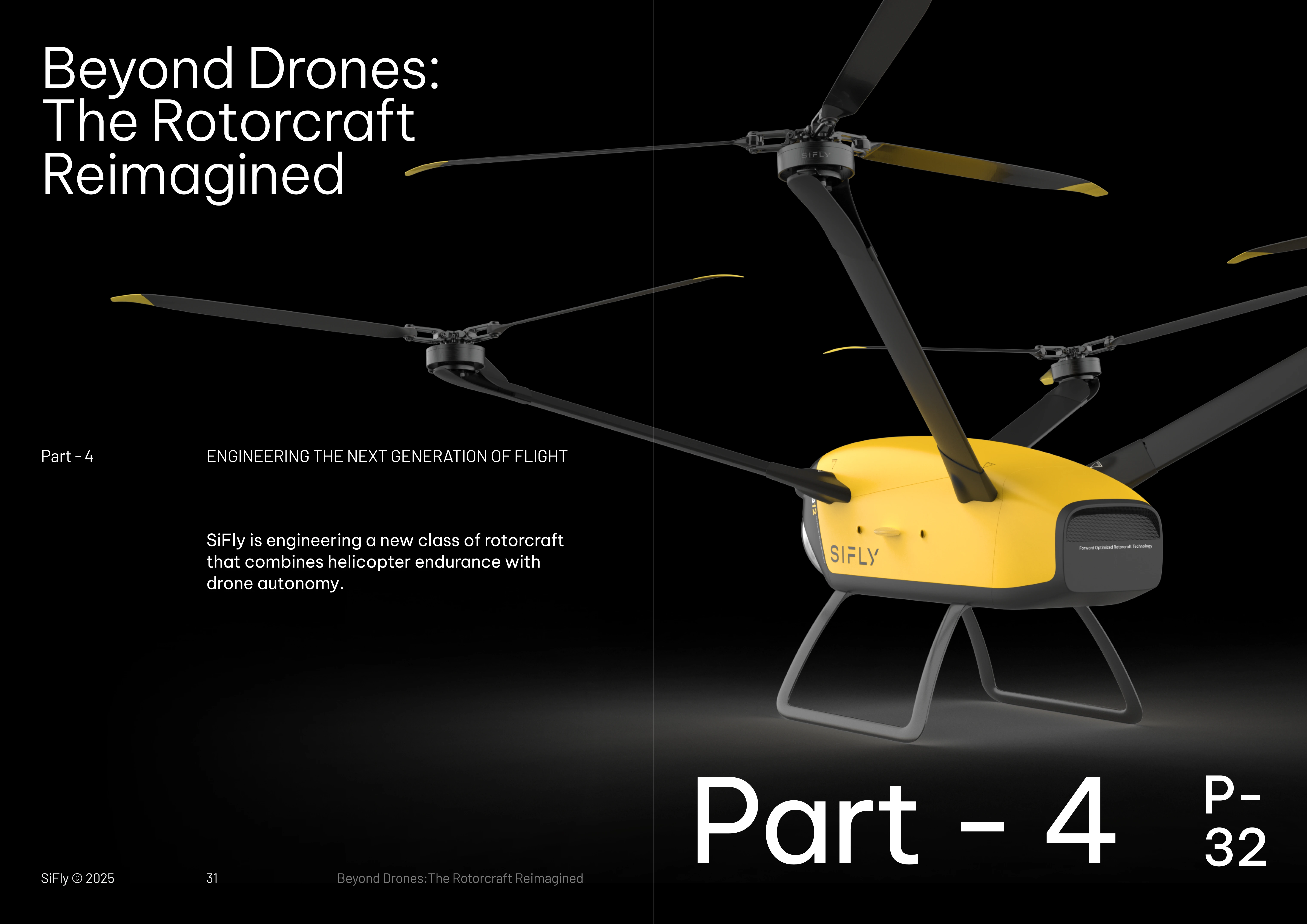 Yellow and black SiFly rotorcraft with four propellers on a black background, alongside text about engineering a new class of rotorcraft integrating helicopter endurance and drone autonomy.