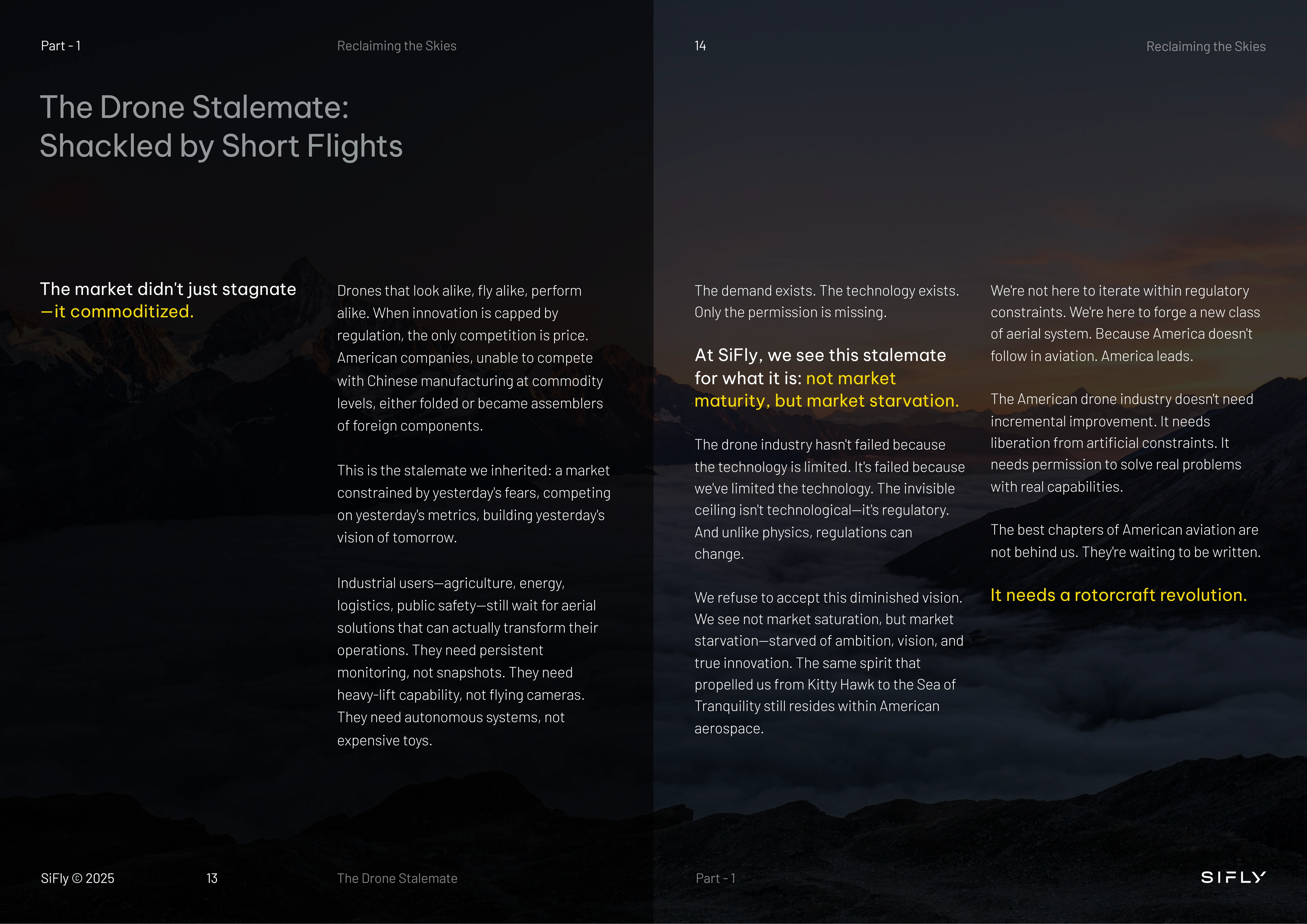 Two-page spread titled 'The Drone Stalemate: Shackled by Short Flights' discussing drone market challenges, regulation impacts, market starvation, and a call for a rotorcraft revolution with white and yellow text on a dark mountain background.