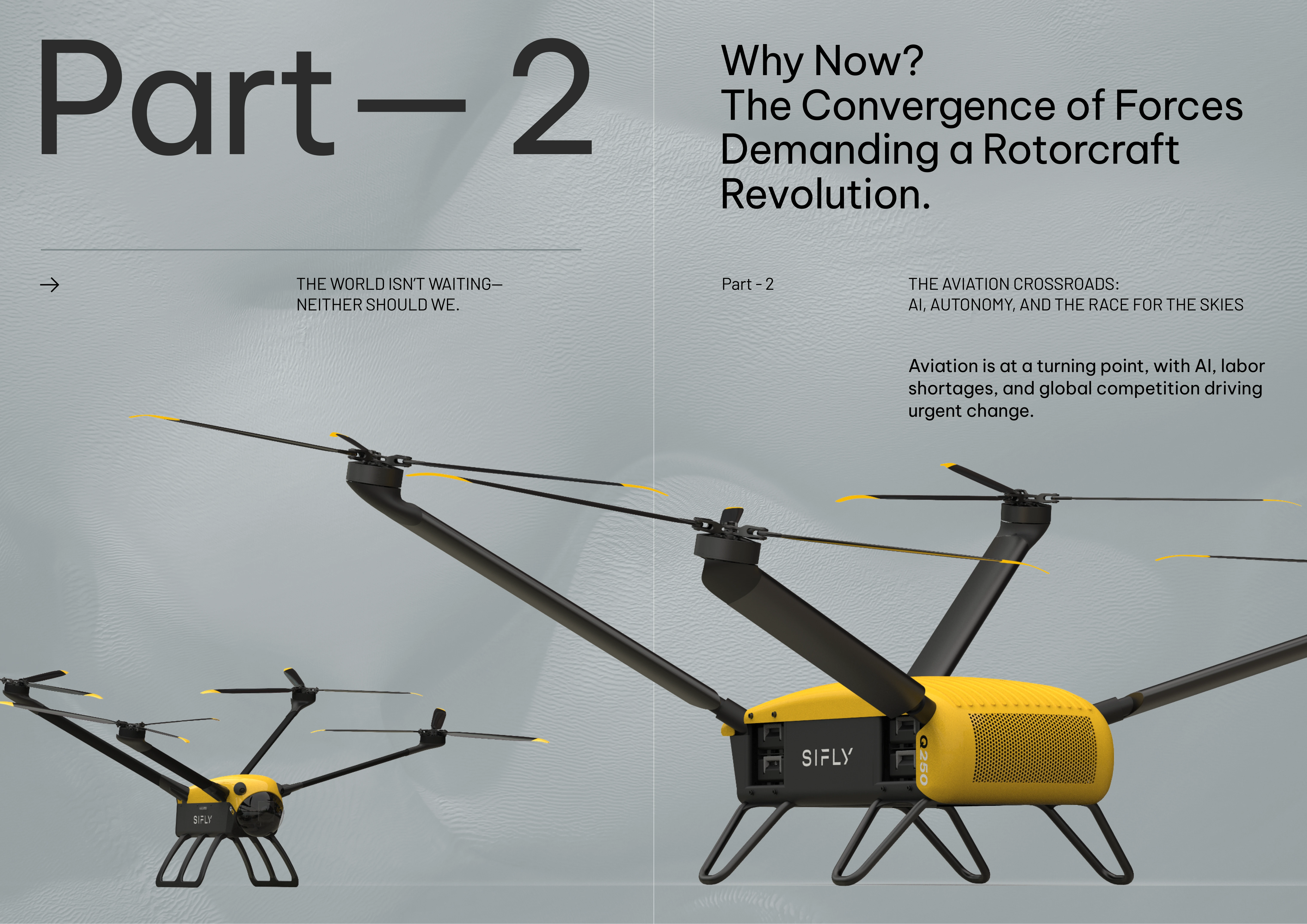 Two yellow and black SiFLY drones with six rotors each displayed against a light gray background with text about rotorcraft revolution and aviation challenges.