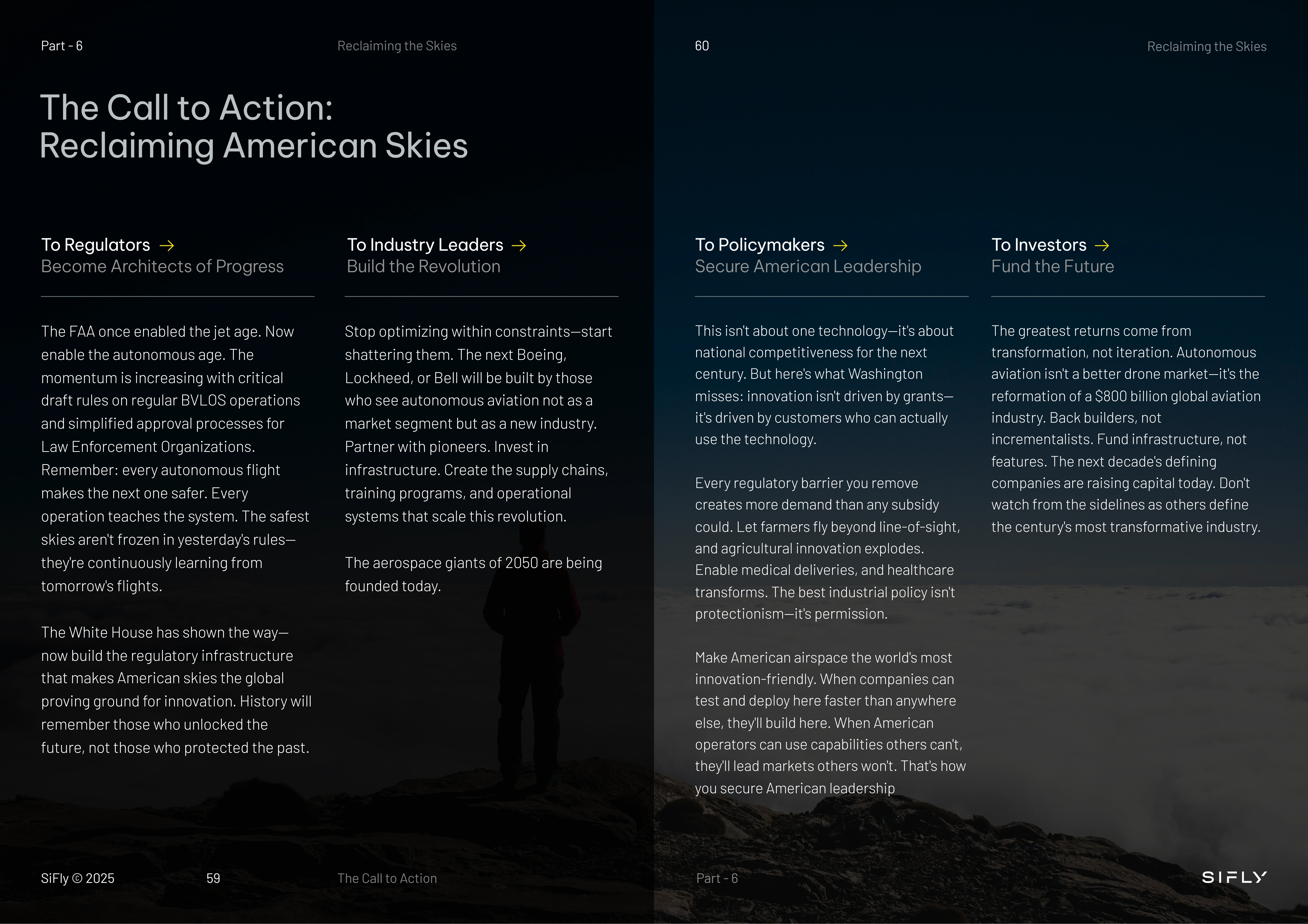 Two-page document titled 'The Call to Action: Reclaiming American Skies' with sections addressing regulators, industry leaders, policymakers, and investors about advancing autonomous aviation and American leadership.