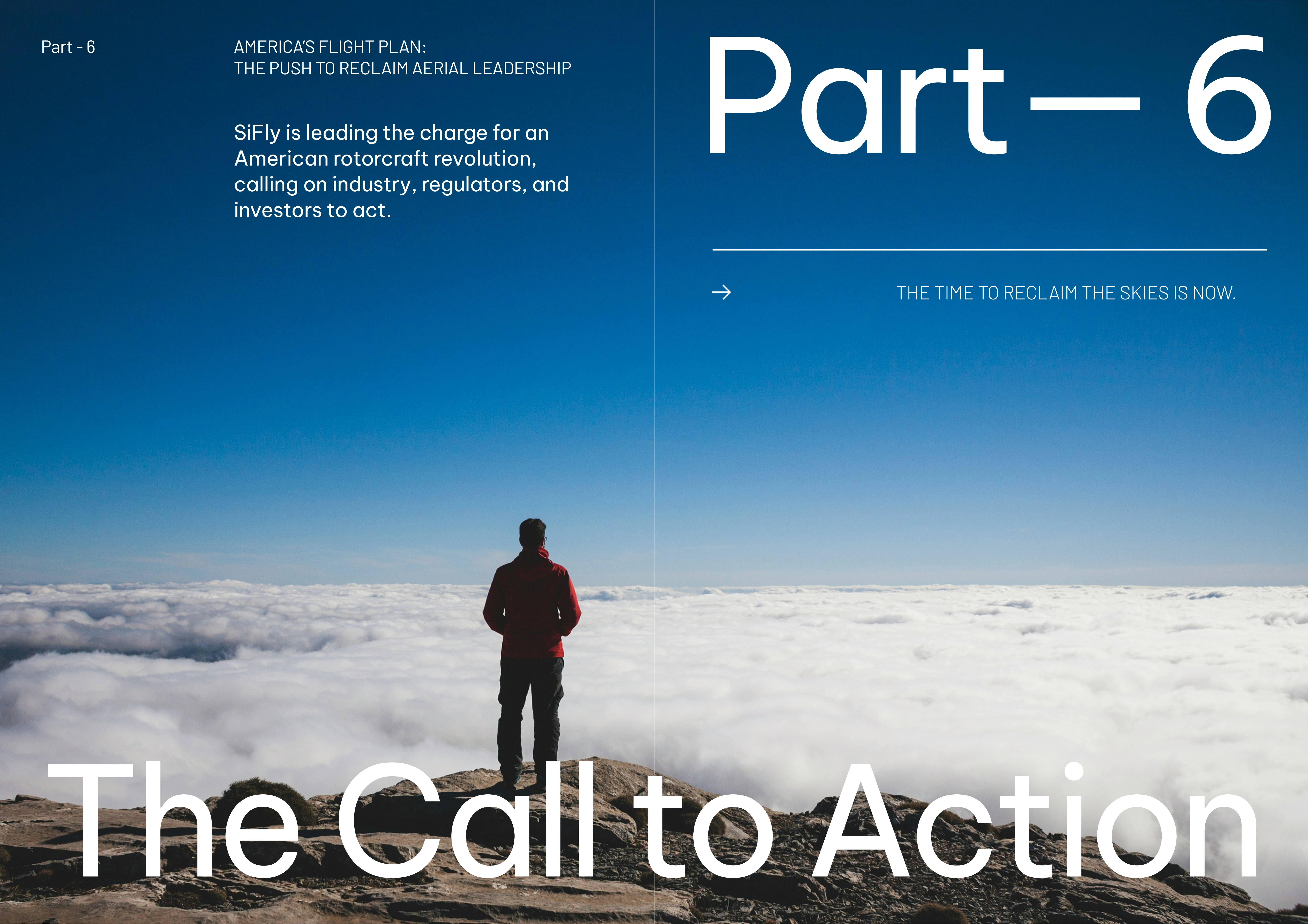 Person standing on rocky cliff overlooking a sea of clouds under a clear blue sky, with text about America's flight plan and a call to action.