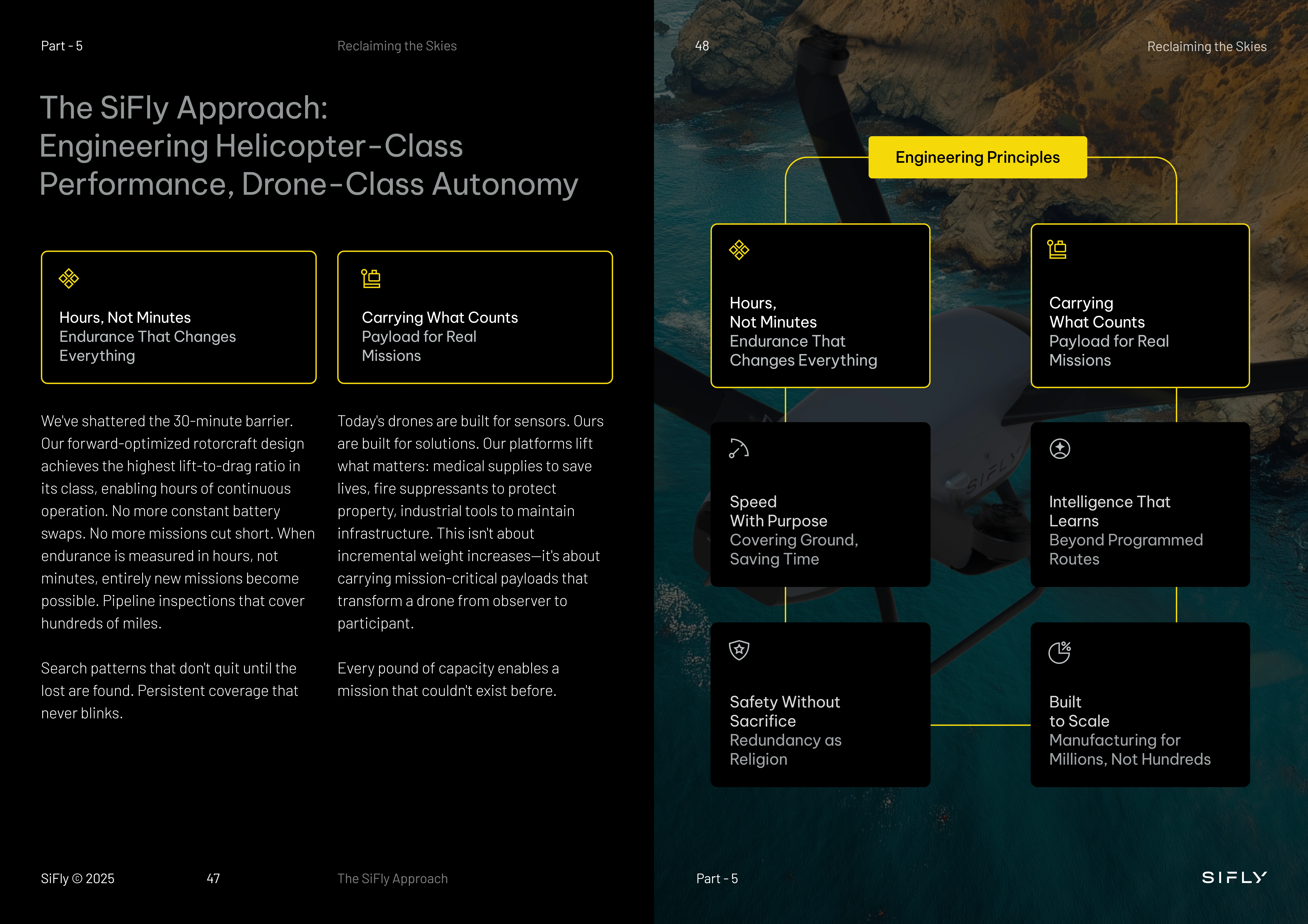 Two-page spread titled 'The SiFly Approach: Engineering Helicopter-Class Performance, Drone-Class Autonomy' showing endurance and payload benefits on left, and engineering principles including hours of endurance, carrying payload, speed, intelligence, safety, and scalability on right with drone rotor background.