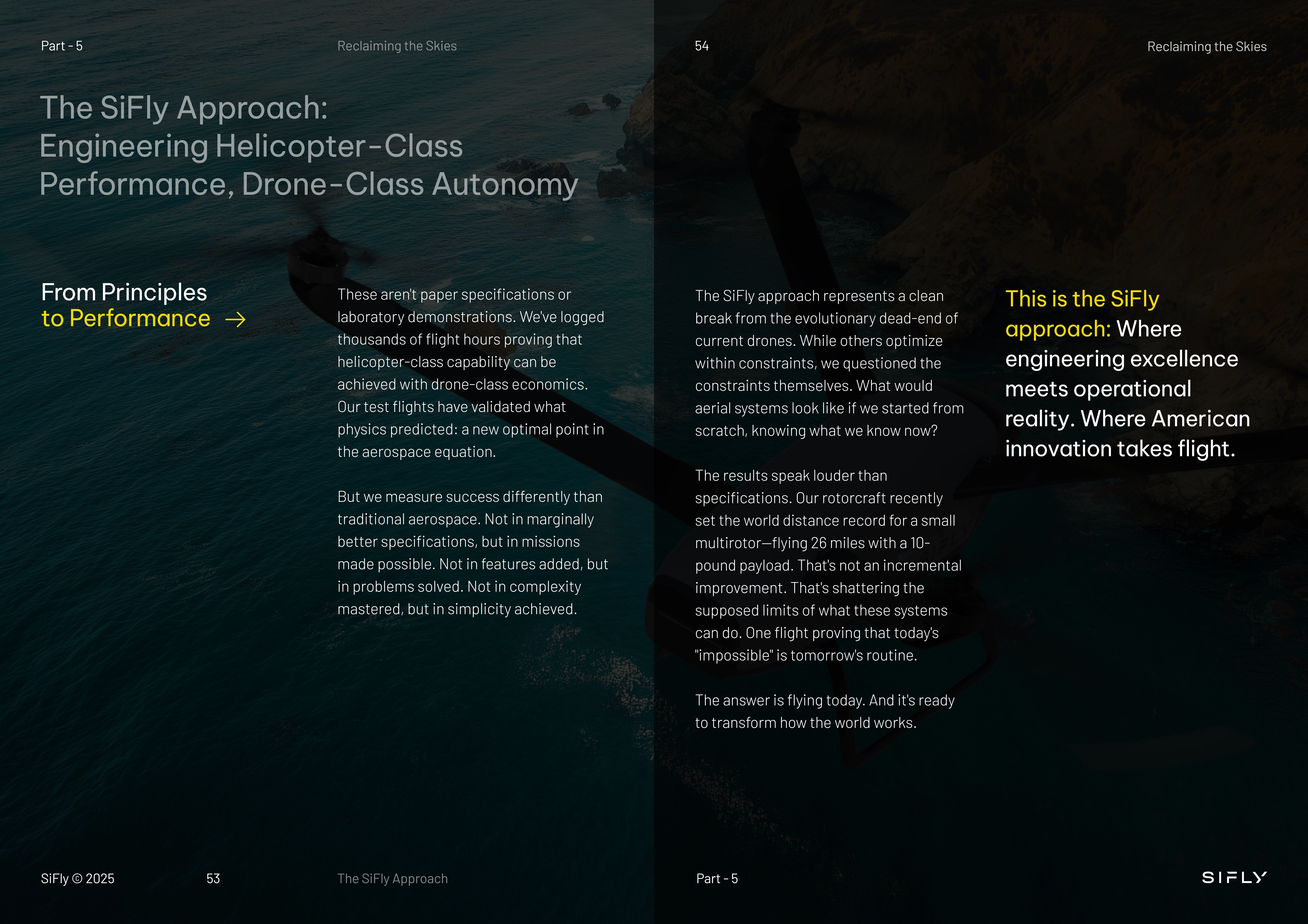 Two-page SiFly brochure titled 'The SiFly Approach: Engineering Helicopter-Class Performance, Drone-Class Autonomy' with text explaining SiFly's innovative drone technology and world record flight.