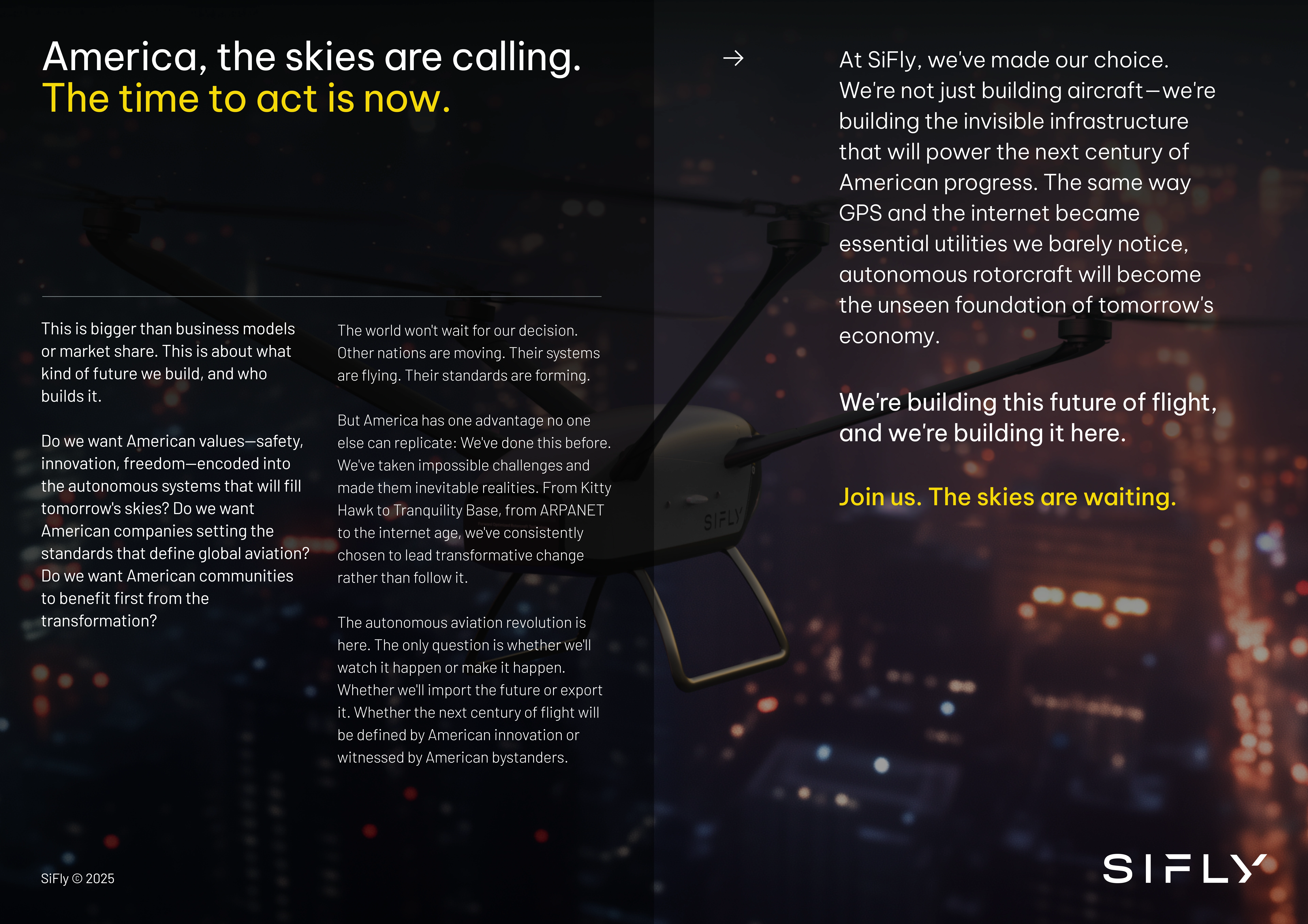 Promotional message from SiFly about pioneering autonomous rotorcraft for America's future, with city lights and a drone rotor arm in the background.