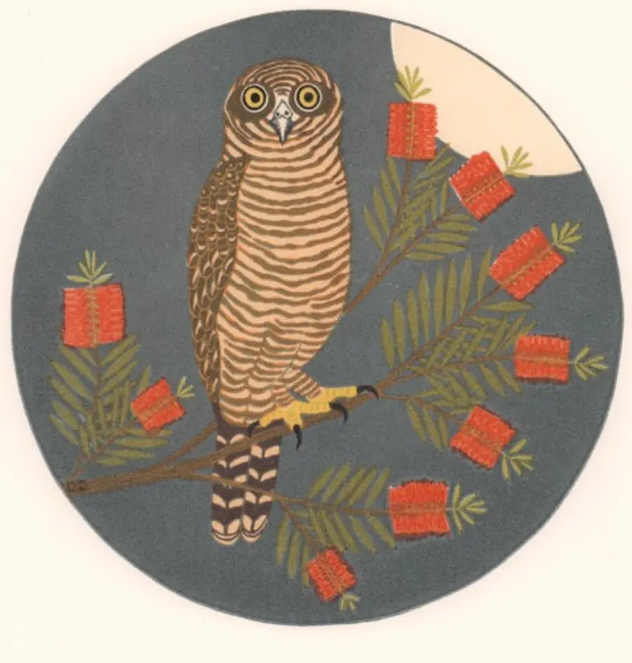 Kate Hudson, Rufous owl and callistemon, 2018, reduction linocut, 11 colours, 21 cm diameter, paper size 33 x 28 cm, edition 31. Courtesy the artist and Australian Galleries