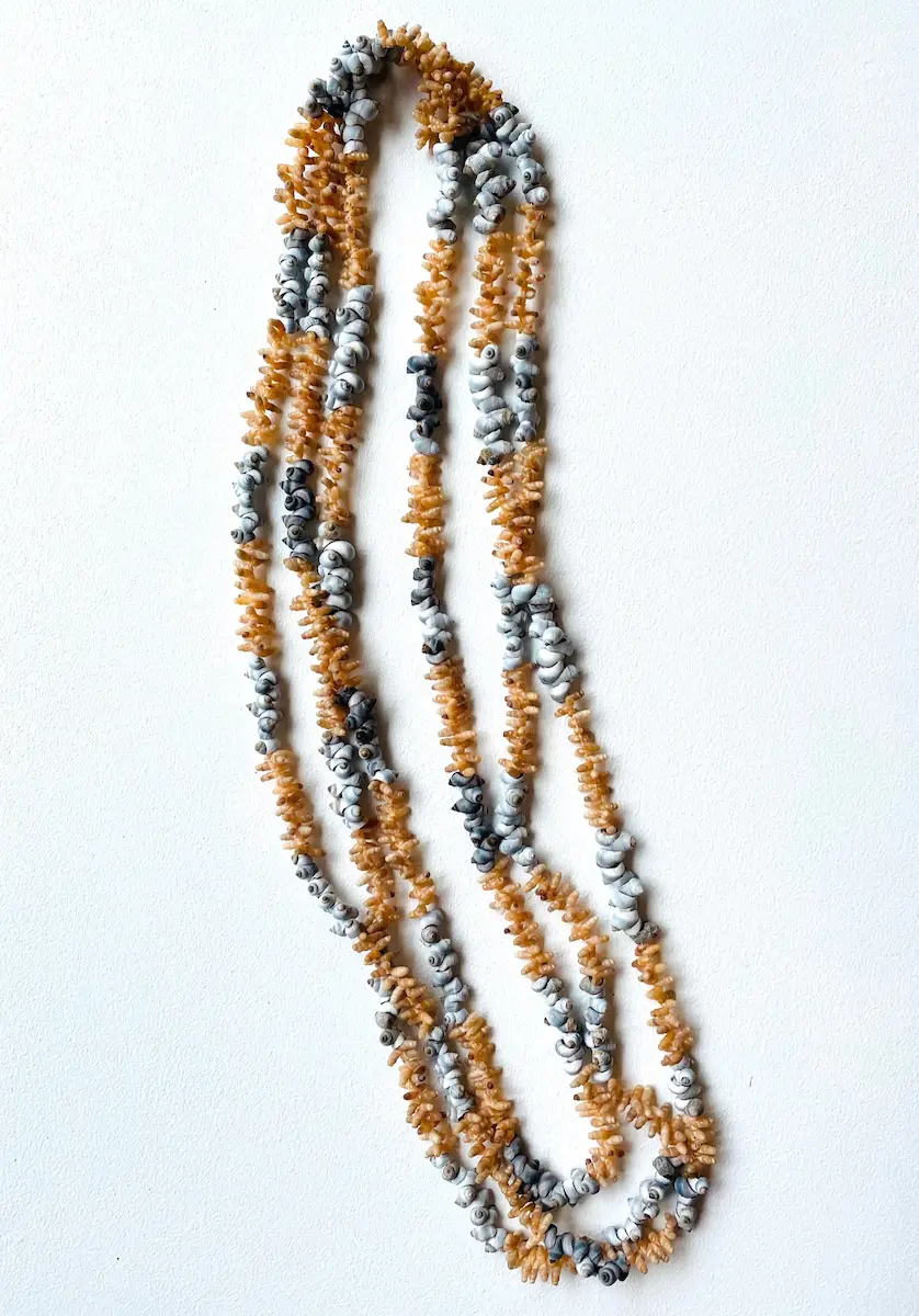 Nannette Shaw, shell necklace, 2022, rice shells from Cape Barren Island grey gull shells from the north-east coast of Tasmania, approximately 182 cm