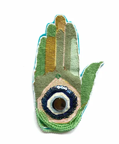 Eddy Carroll, Green fingered talisman of protection, 2021, embroidery, glass beading and sequins, 20 x 12 x 0.2 cm