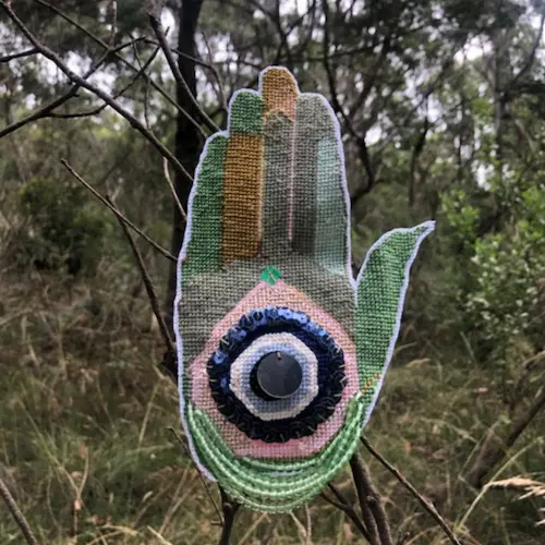Eddy Carroll, Green fingered talisman of protection at work in Arthurs Seat State Park, 2021, digital print on archival paper, 21 x 21 cm, edition 5